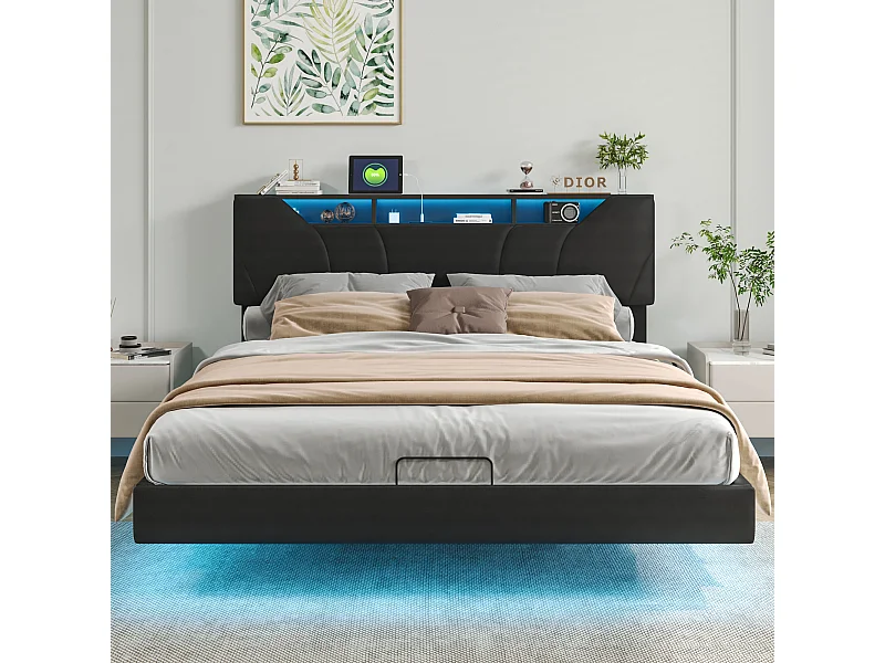 Lit coffre 140*200CM,levier pneumatique, , avec éclairage LED et prise de charge,Noir,Cuir