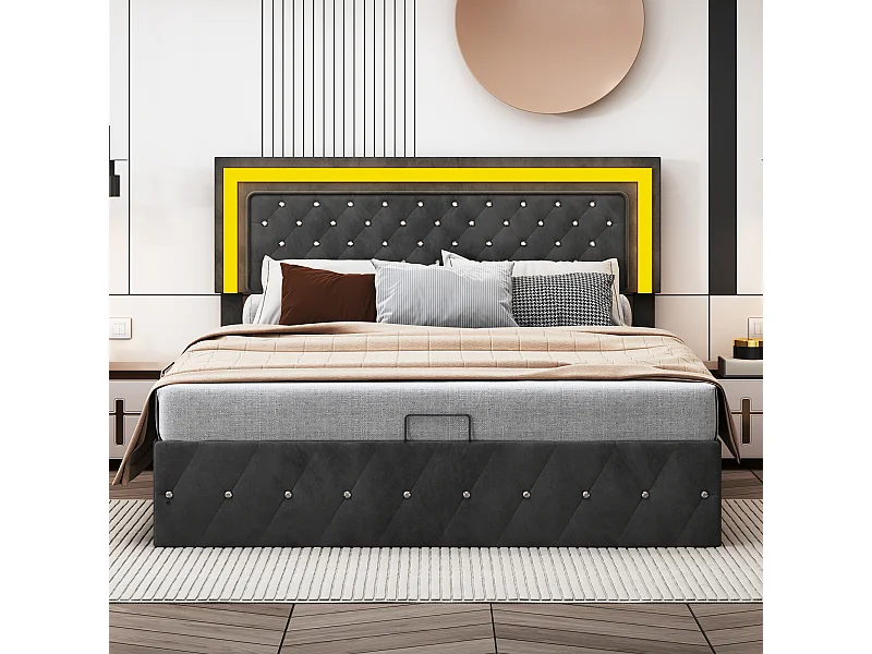 Cama doble 160*200cm, con pulsador de presión de aire, color negro, terciopelo