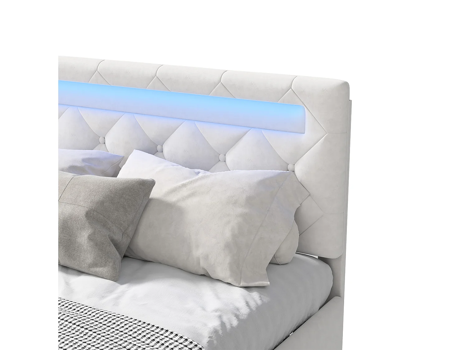 Cama con canapé 160*200CM, con elevación de gas, enchufe, luz LED, blanco, franela