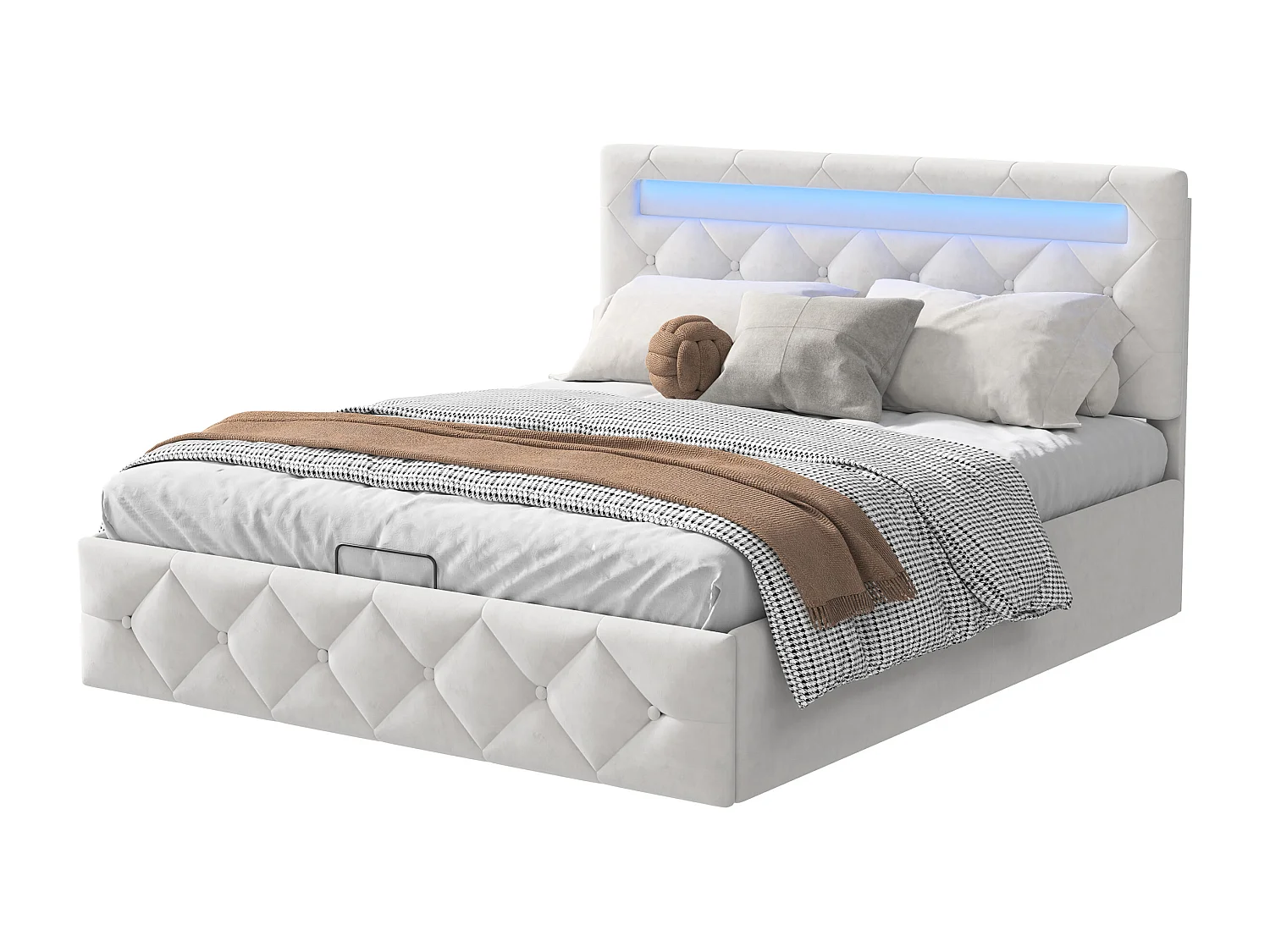 Cama con canapé 160*200CM, con elevación de gas, enchufe, luz LED, blanco, franela