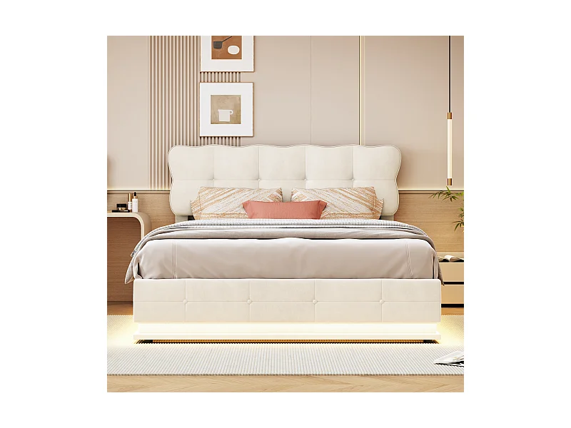 Lit coffre 160cm*200cm, avec rangement et bandeau lumineux sous le lit, velours,beige
