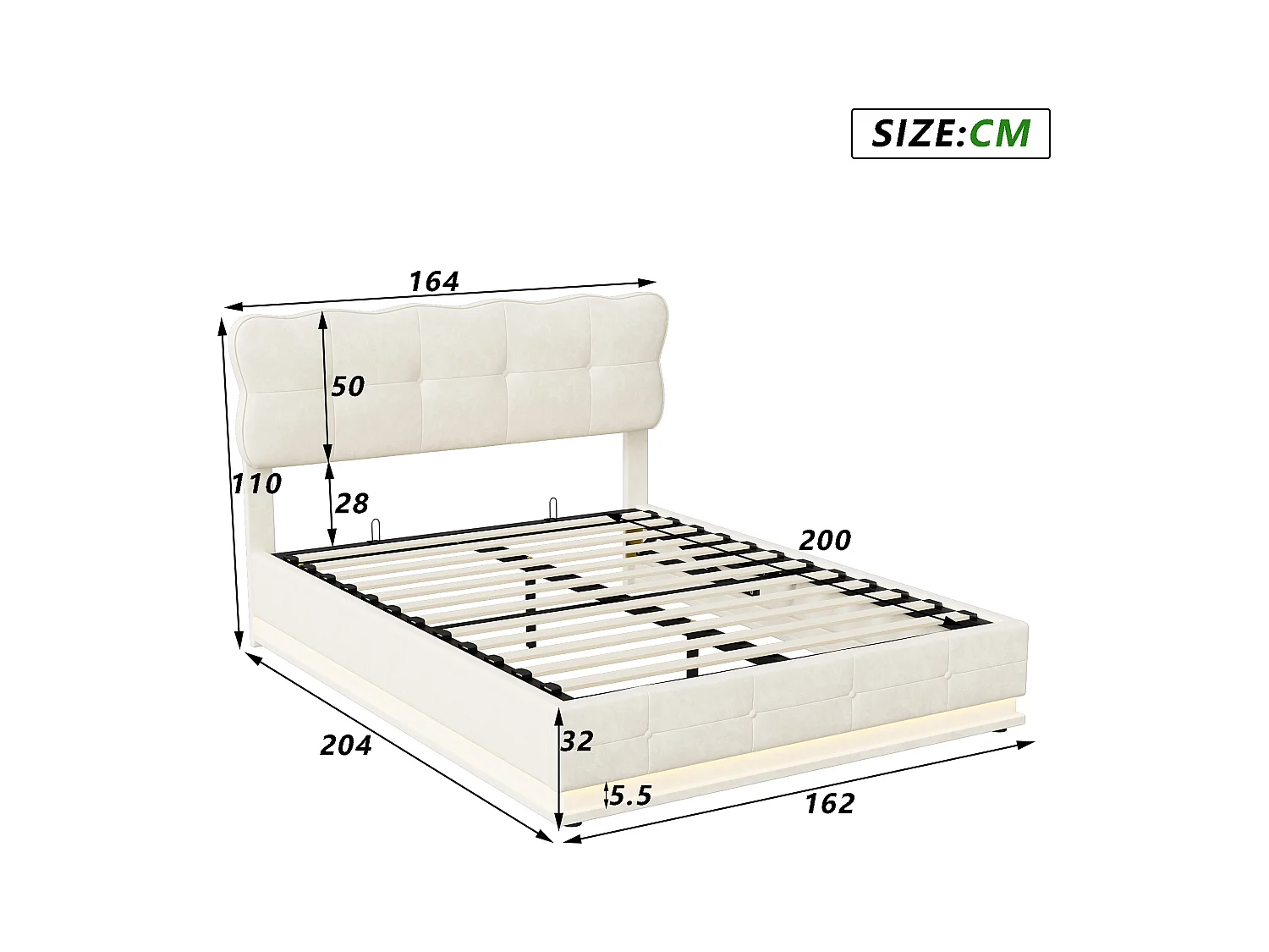 Lit coffre 160cm*200cm, avec rangement et bandeau lumineux sous le lit, velours,beige