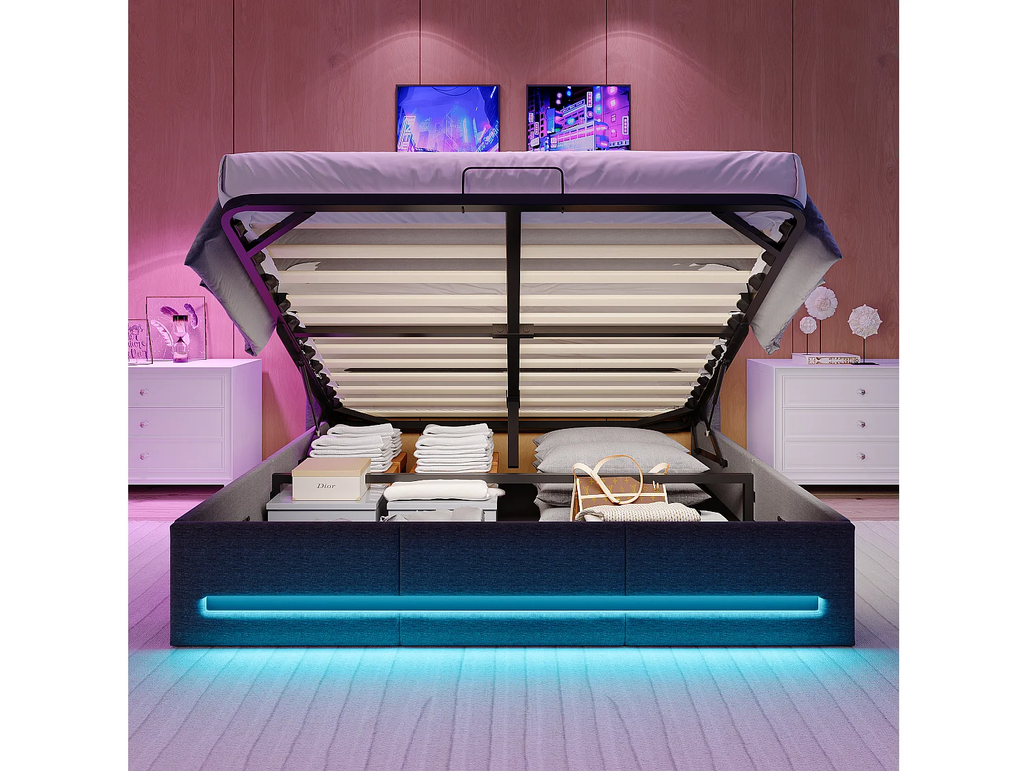 Lit double 140*190CM, armoire avec barre pneumatique, avec barre lumineuse et prise, gris,Chanvre