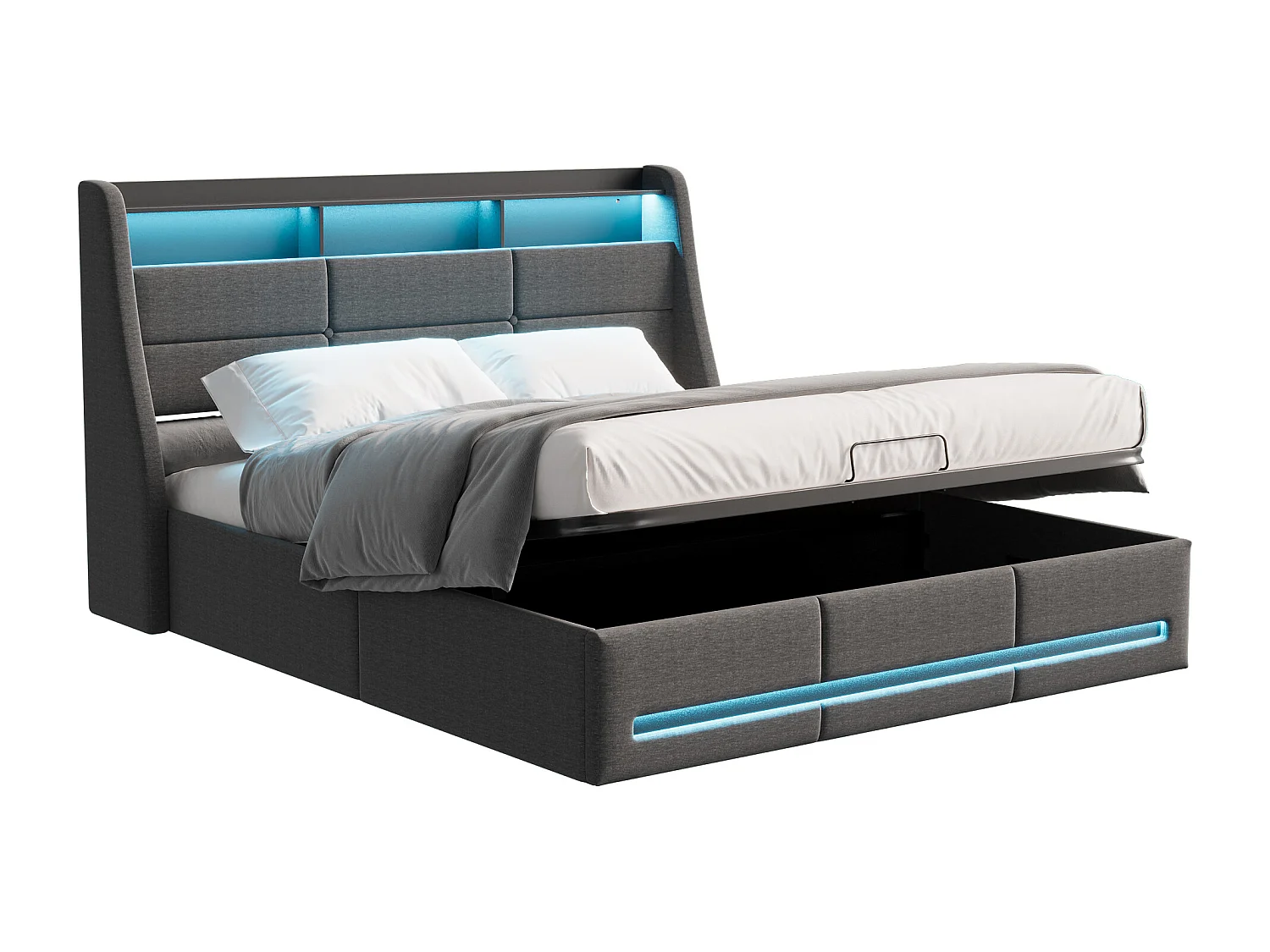 Doppelbett 140 x 190 cm, Kleiderschrank mit pneumatischer Schienenführung, mit Lichtleiste und Steckdose, grau, Hanf