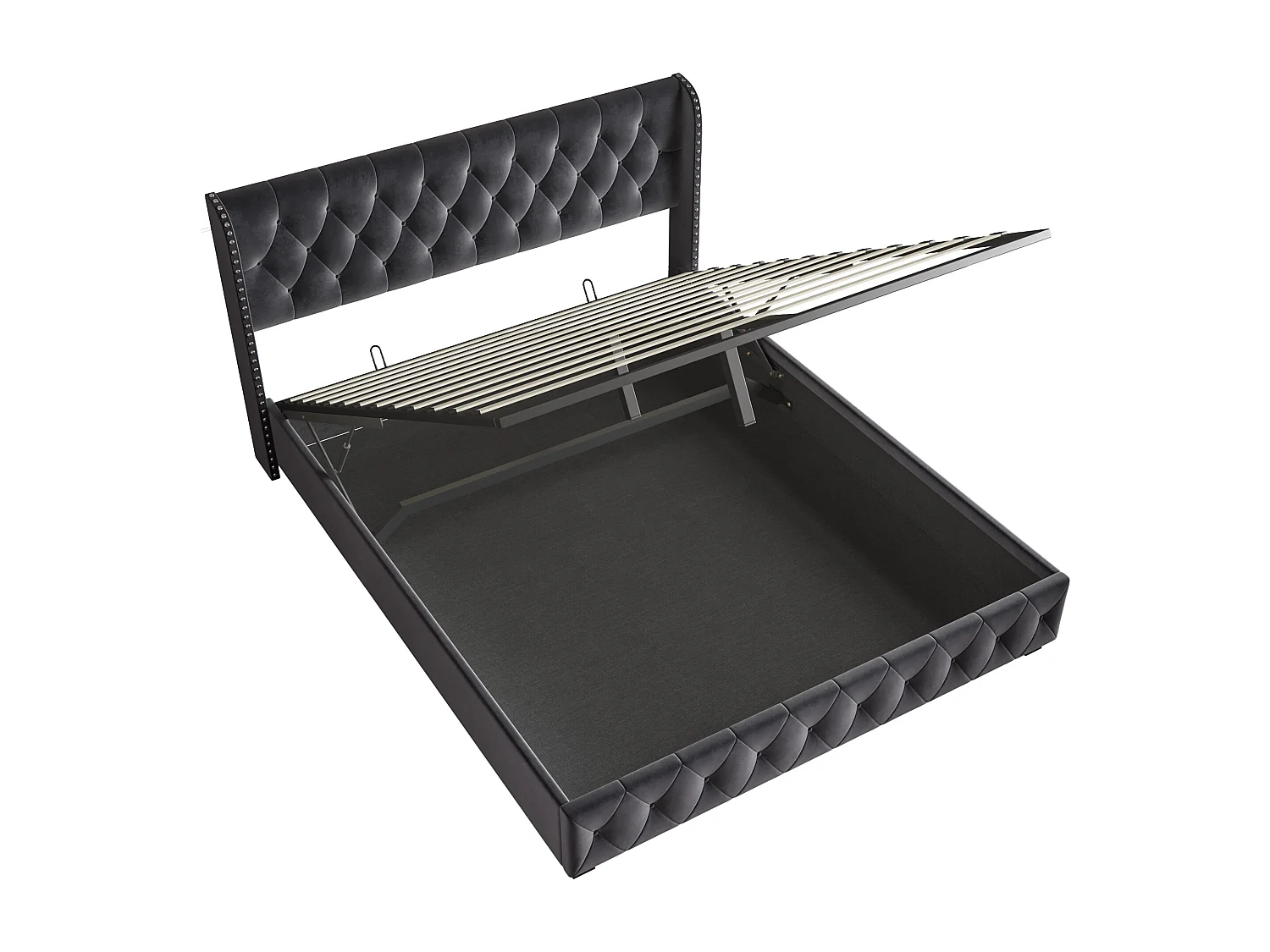 Lit double pneumatique, 180*200cm, rangement, velours, gris foncé