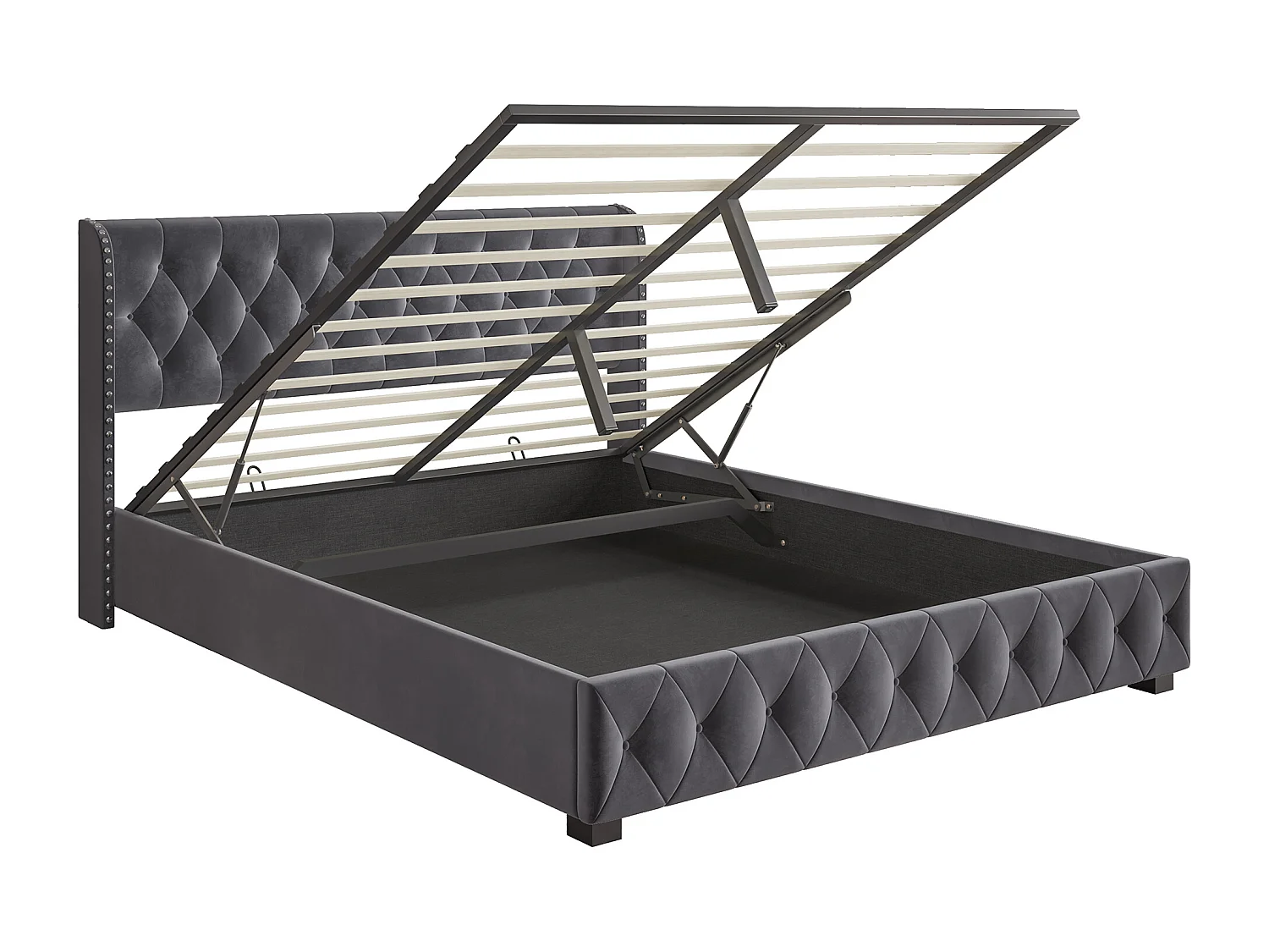 Lit double pneumatique, 180*200cm, rangement, velours, gris foncé