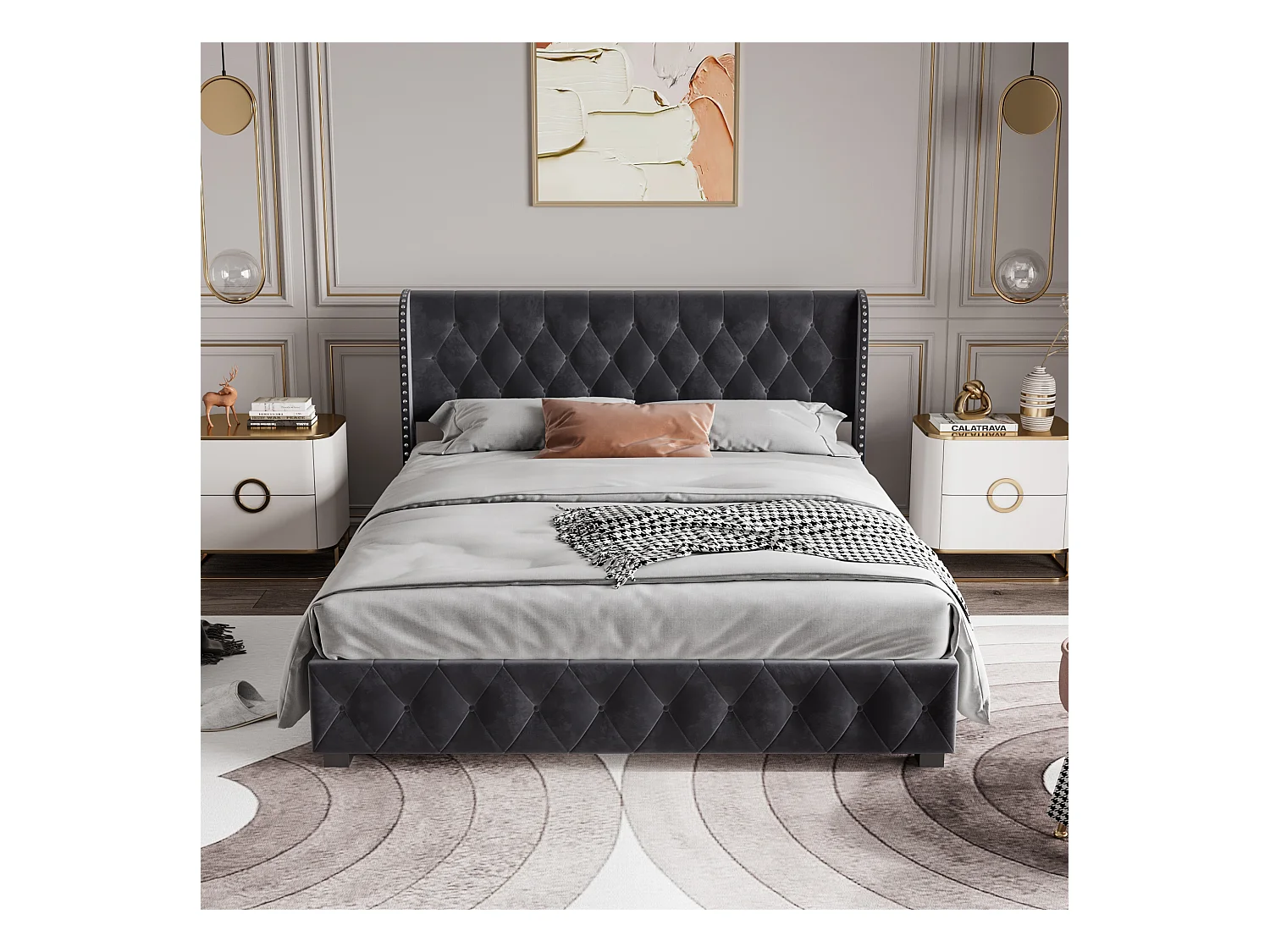 Lit double pneumatique, 180*200cm, rangement, velours, gris foncé