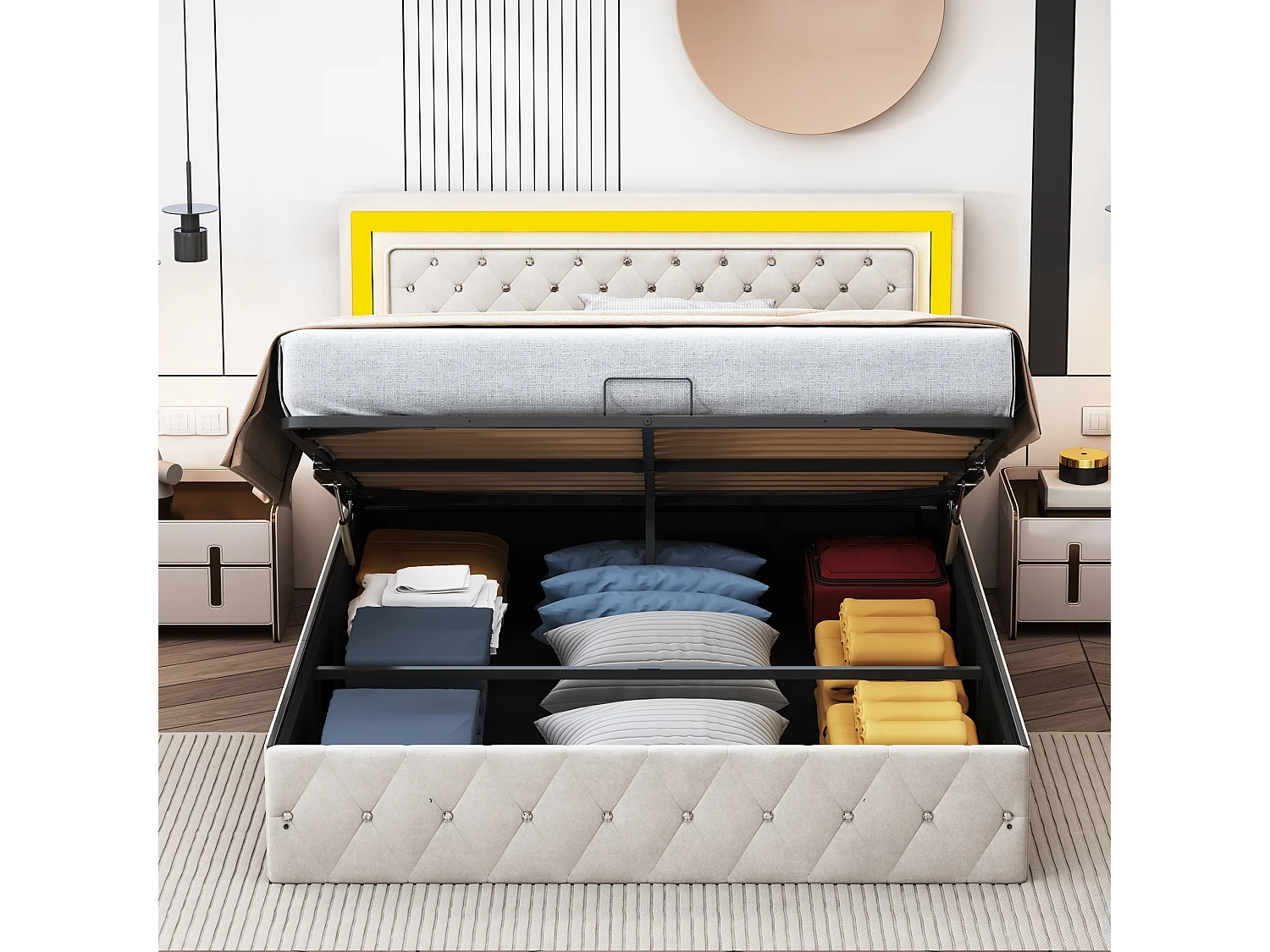 Lit Coffre 140x200 cm, avec Ports de Charge USB et LED, lit Double équipé de Rangement et d'un sommier à Lattes, Velours, Beige