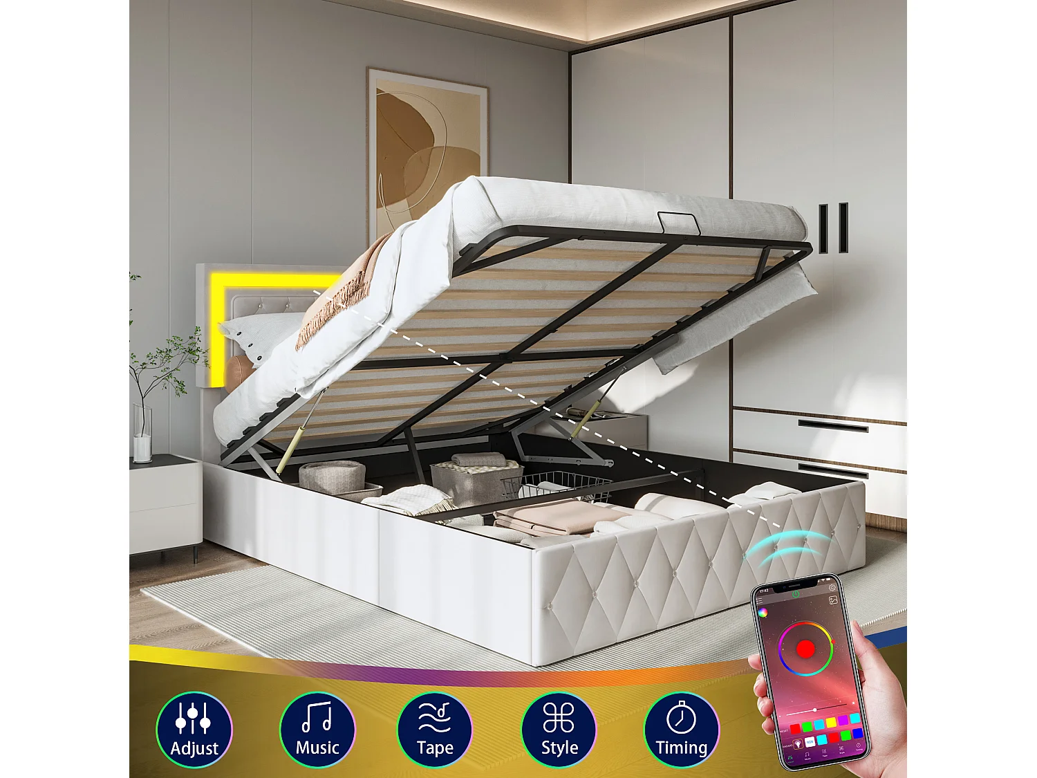 Lit Coffre 140x200 cm, avec Ports de Charge USB et LED, lit Double équipé de Rangement et d'un sommier à Lattes, Velours, Beige