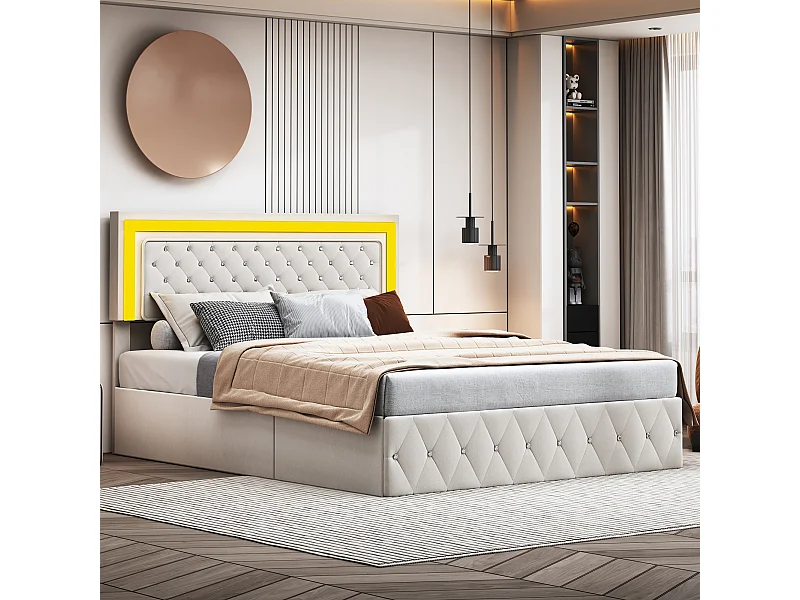 Lit Coffre 140x200 cm, avec Ports de Charge USB et LED, lit Double équipé de Rangement et d'un sommier à Lattes, Velours, Beige