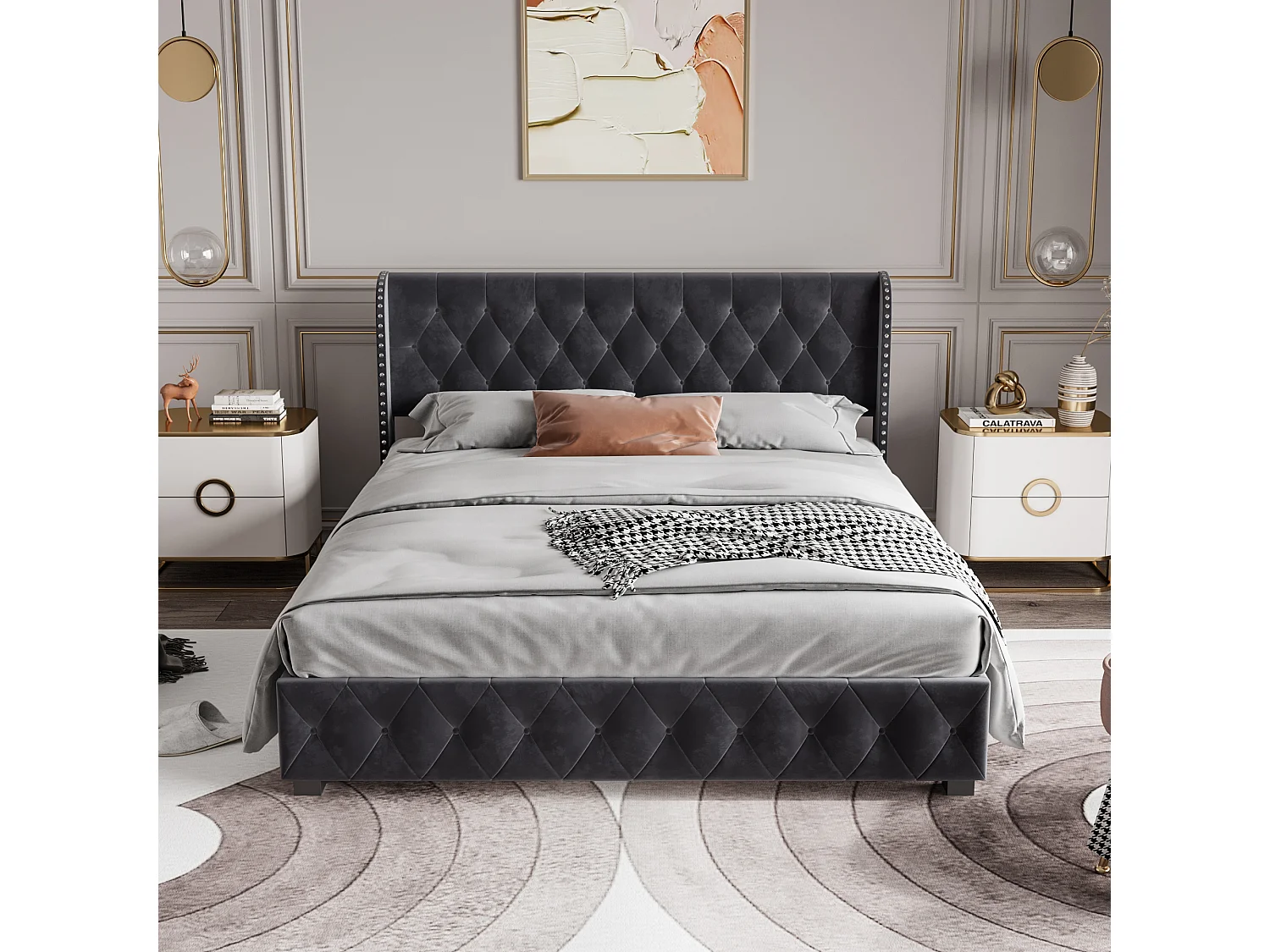 Lit double pneumatique, 160*200cm, rangement, velours, gris foncé