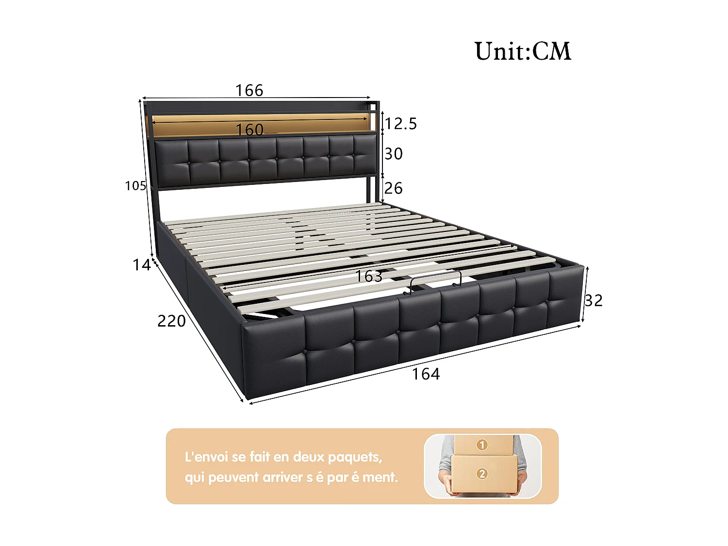 Letto ad aria 160*200CM, letto matrimoniale con presa elettrica, nero, pelle