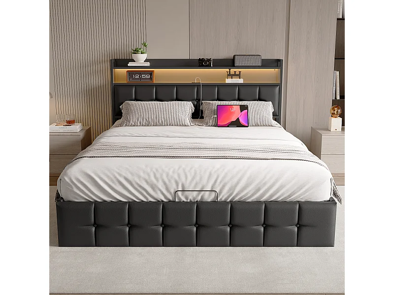 Letto ad aria 160*200CM, letto matrimoniale con presa elettrica, nero, pelle