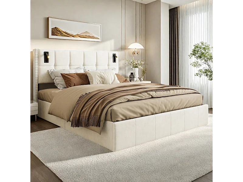 Lit Coffre 160x200 cm avec 2 liseuses,Lit Double rembourré avec Rangement,avec sommier Lattes, Convient aux Adolescents et aux Adultes, Beige