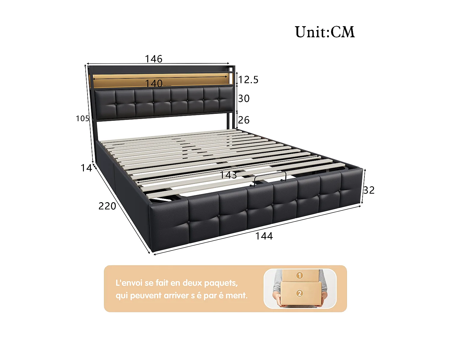 Lit coffre 140*200cm, levier pneumatique, avec tête de lit LED, prise de charge, noir, cuir