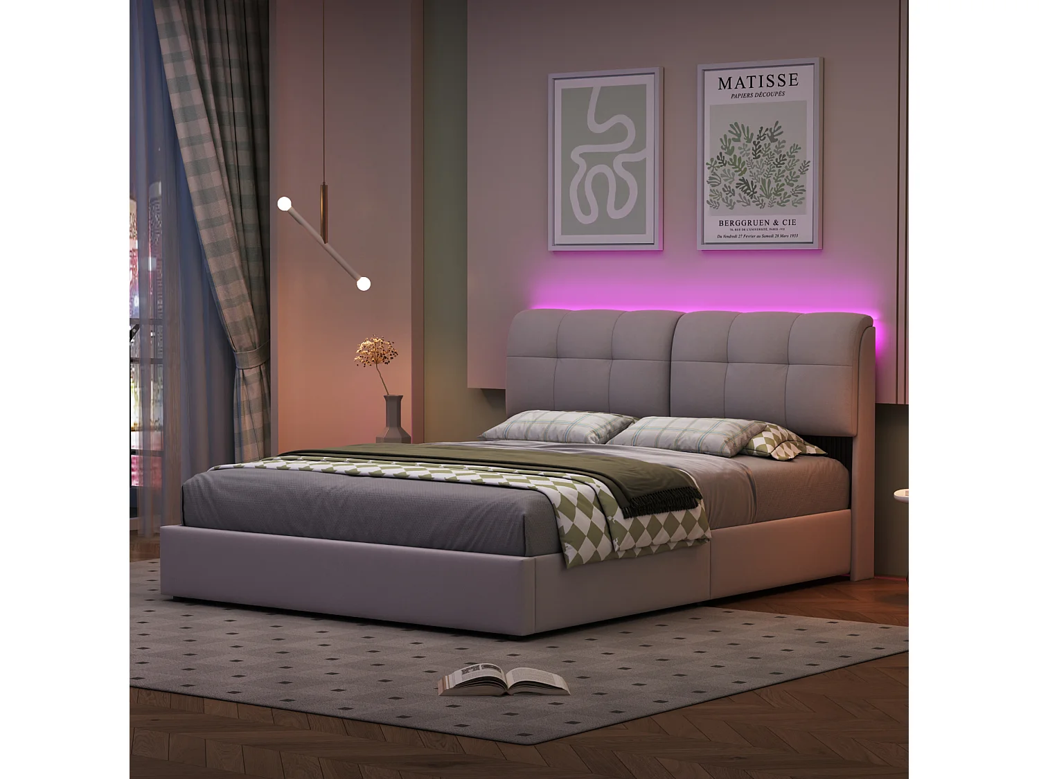 Letto contenitore 160*200cm, striscia luminosa a 7 colori (spina europea) + leva pneumatica, beige, velluto