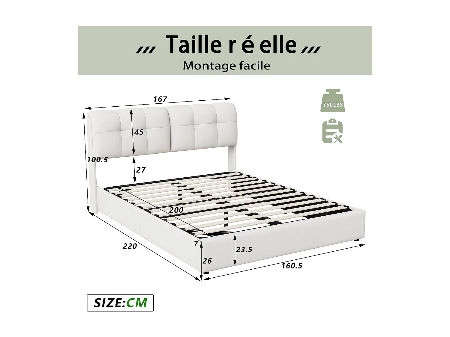 Letto contenitore 160*200cm, striscia luminosa a 7 colori (spina europea) + leva pneumatica, beige, velluto