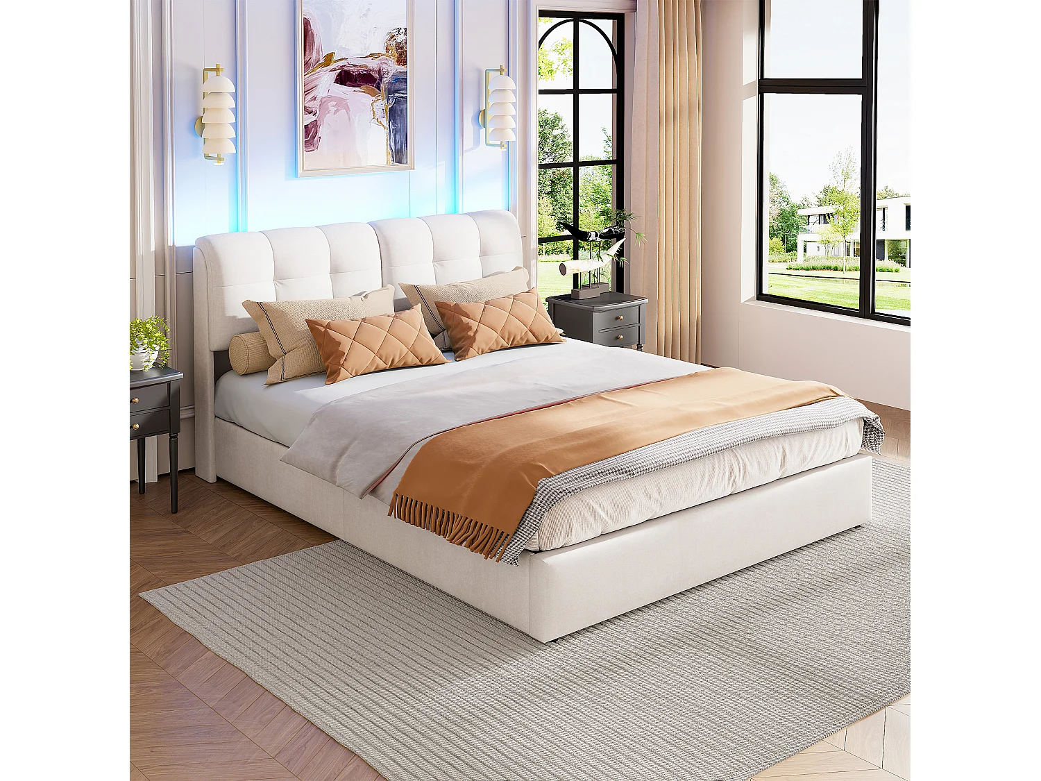 140*200cm, + striscia di luce ambientale a 7 colori (spina europea) + leva pneumatica, beige, velluto