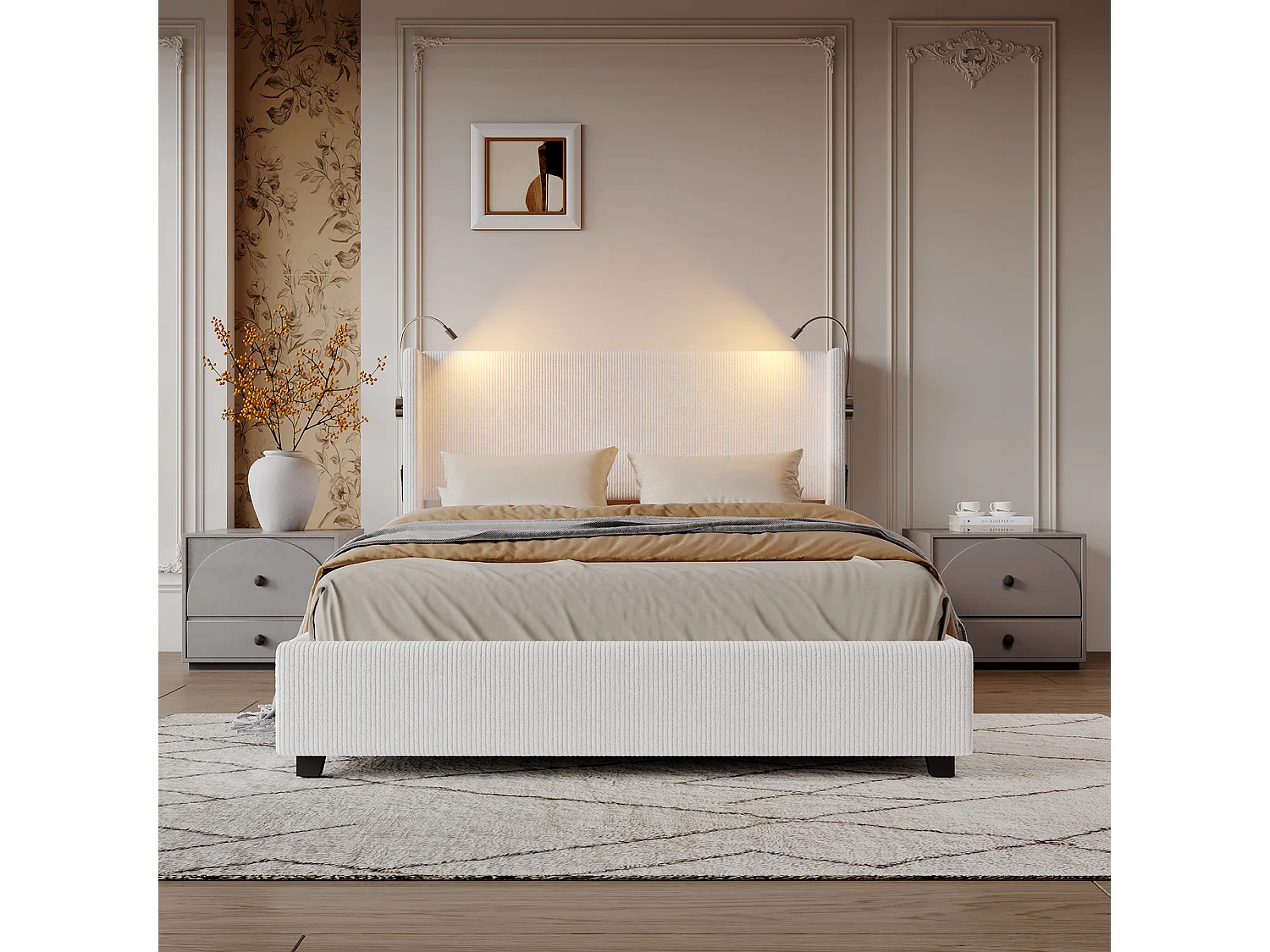 Lit double 140*200cm avec liseuse, pression d'air, velours côtelé, blanc