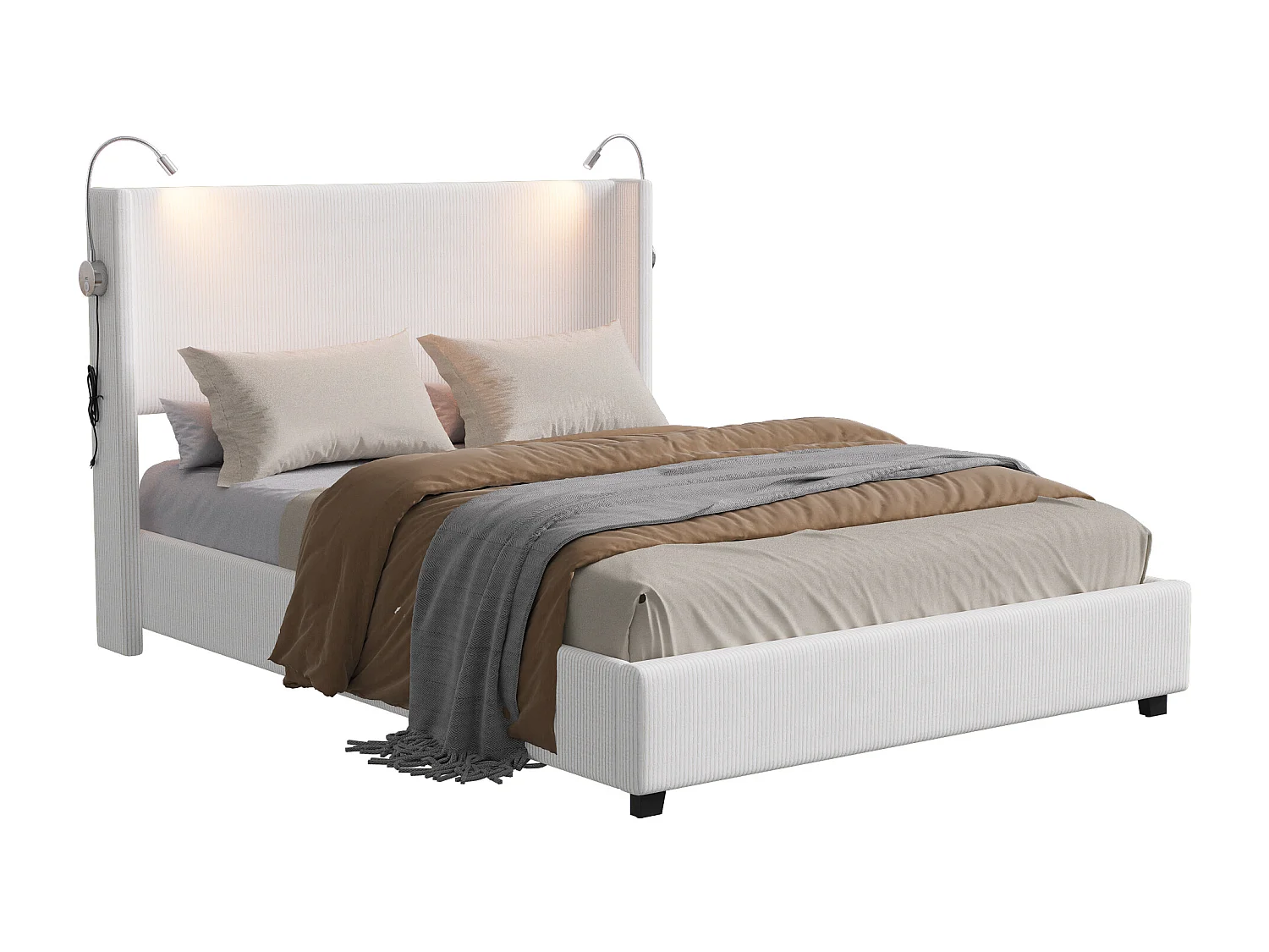 Lit double 140*200cm avec liseuse, pression d'air, velours côtelé, blanc