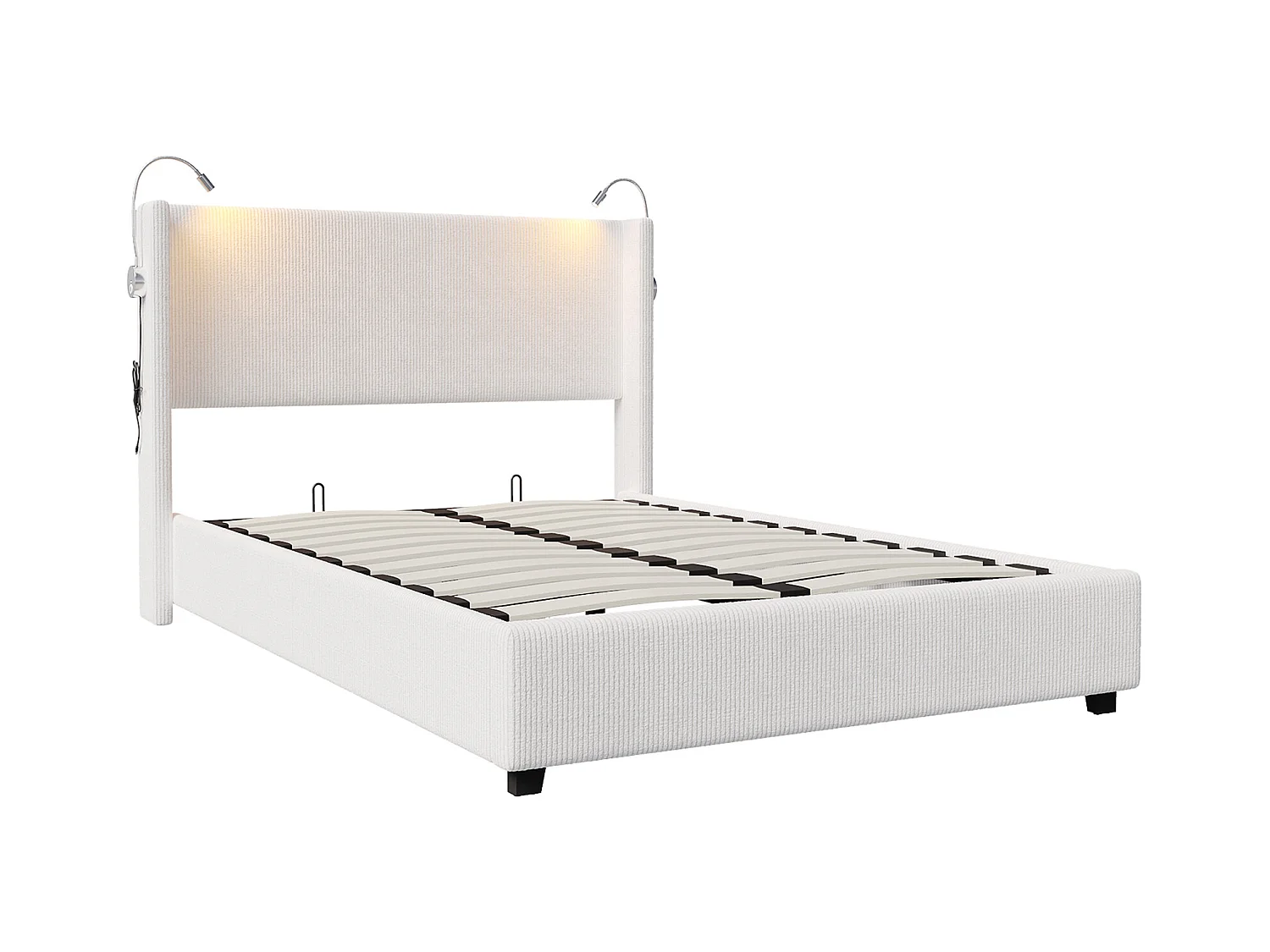 Lit double 140*200cm avec liseuse, pression d'air, velours côtelé, blanc