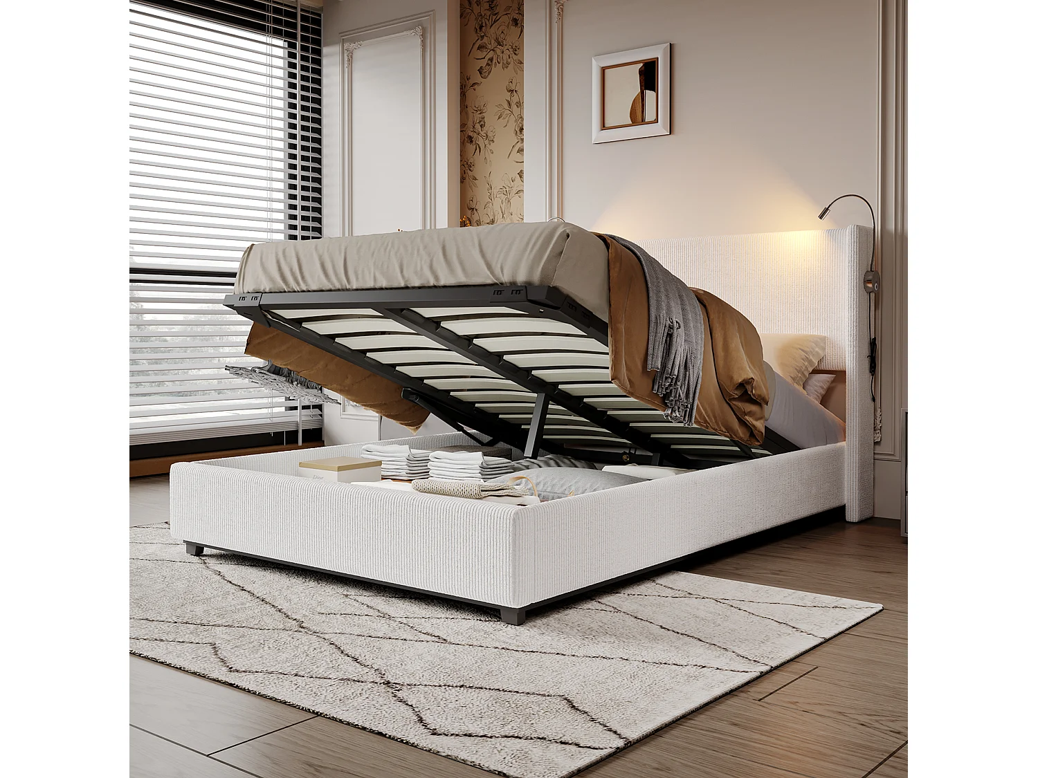 Lit double 140*200cm avec liseuse, pression d'air, velours côtelé, blanc