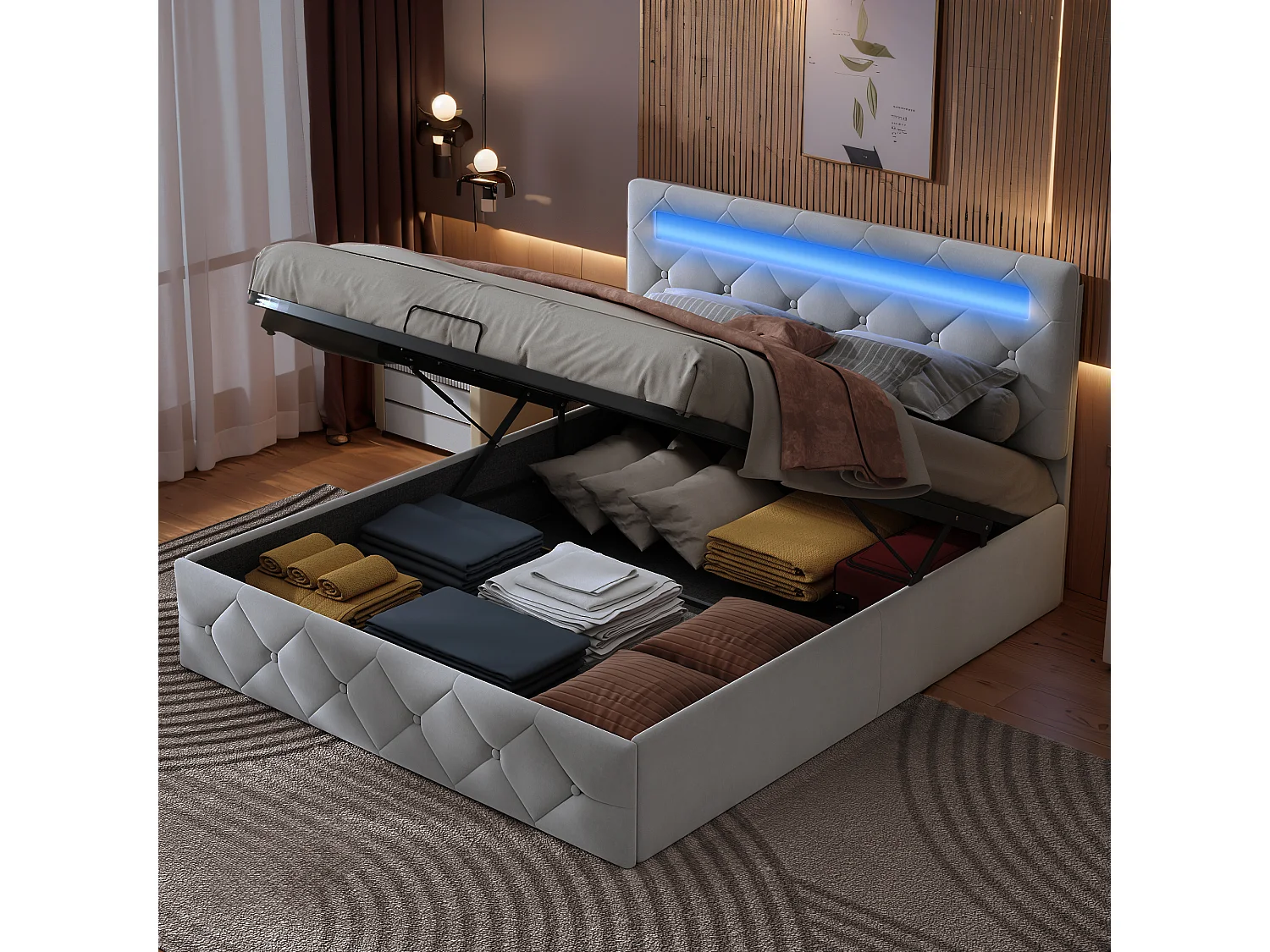 Cama de armazenamento 140*200CM, Cama estofada com alavanca pneumática, com tomada, Com luz LED, Branco, veludo