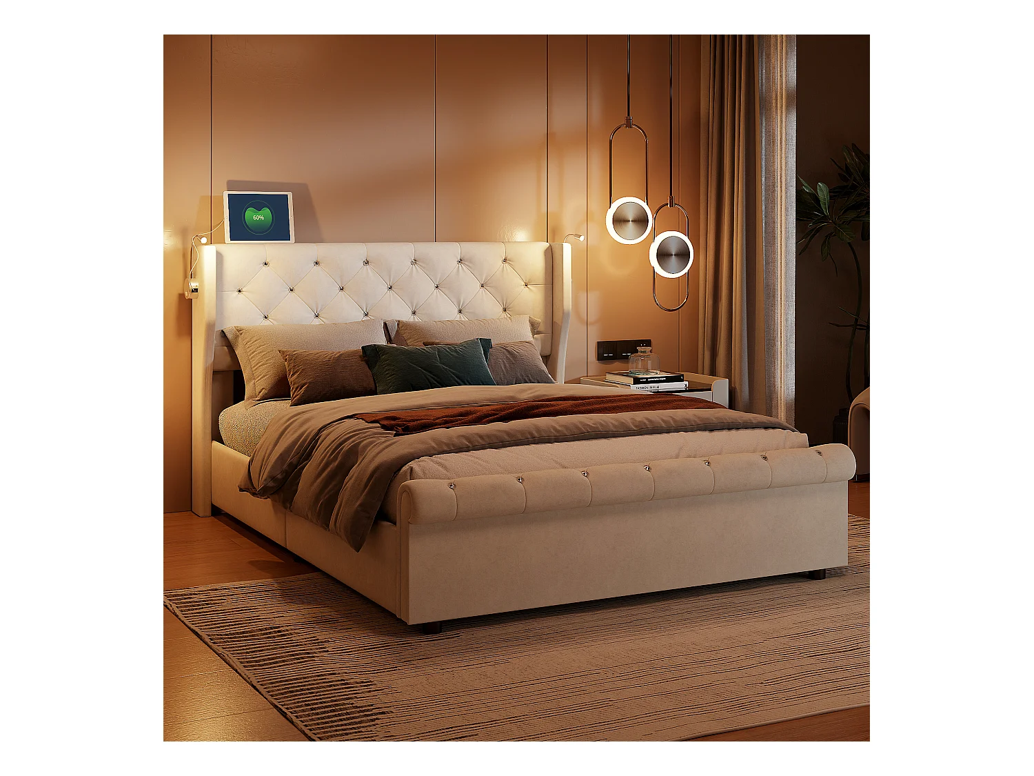 Cama de ar 160cm*200cm com armazenamento, com candeeiro de cabeceira, com tomada, bege, veludo