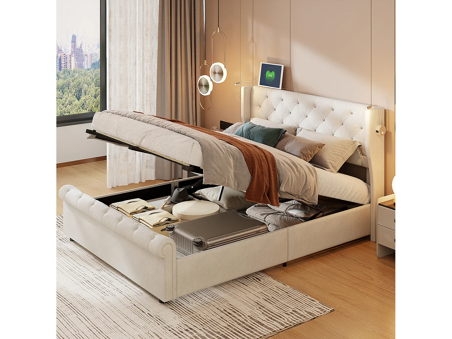 Letto ad aria 160cm*200cm con contenitore, con lampada da comodino, con spina, beige, velluto