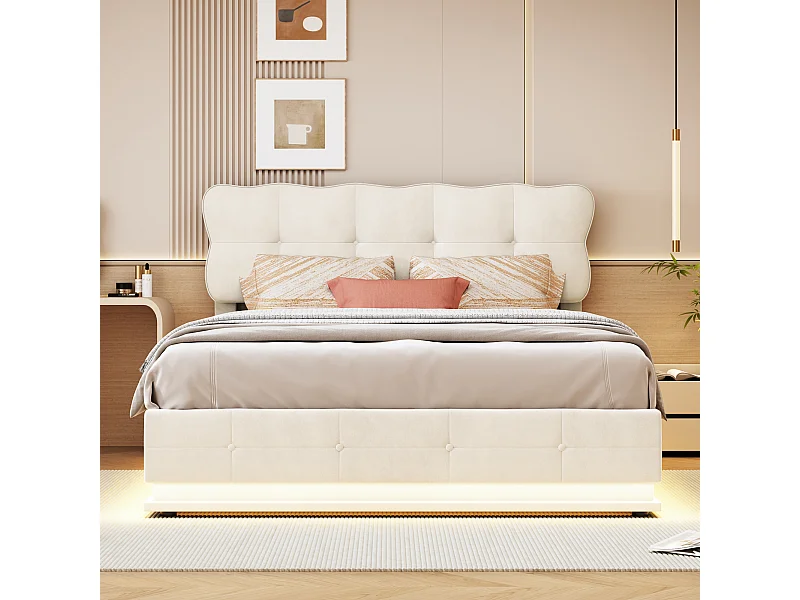 Avec rangement et bande lumineuse sous le lit 140cm*200cm lit pneumatique, beige, velours