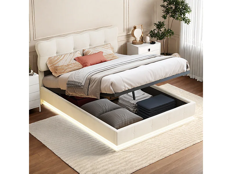 Lit coffre 140 x 200 cm avec Éclairage LED, Lit Double Capitonné avec Rangement et Tete de lit pour Adultes et Adolescents, Velours, Beige