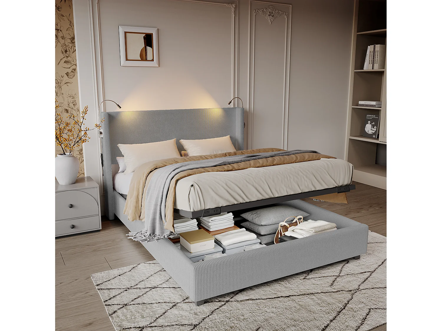 Cama de almacenamiento con presión de aire de 140 x 200 cm y luz de lectura, pana, gris