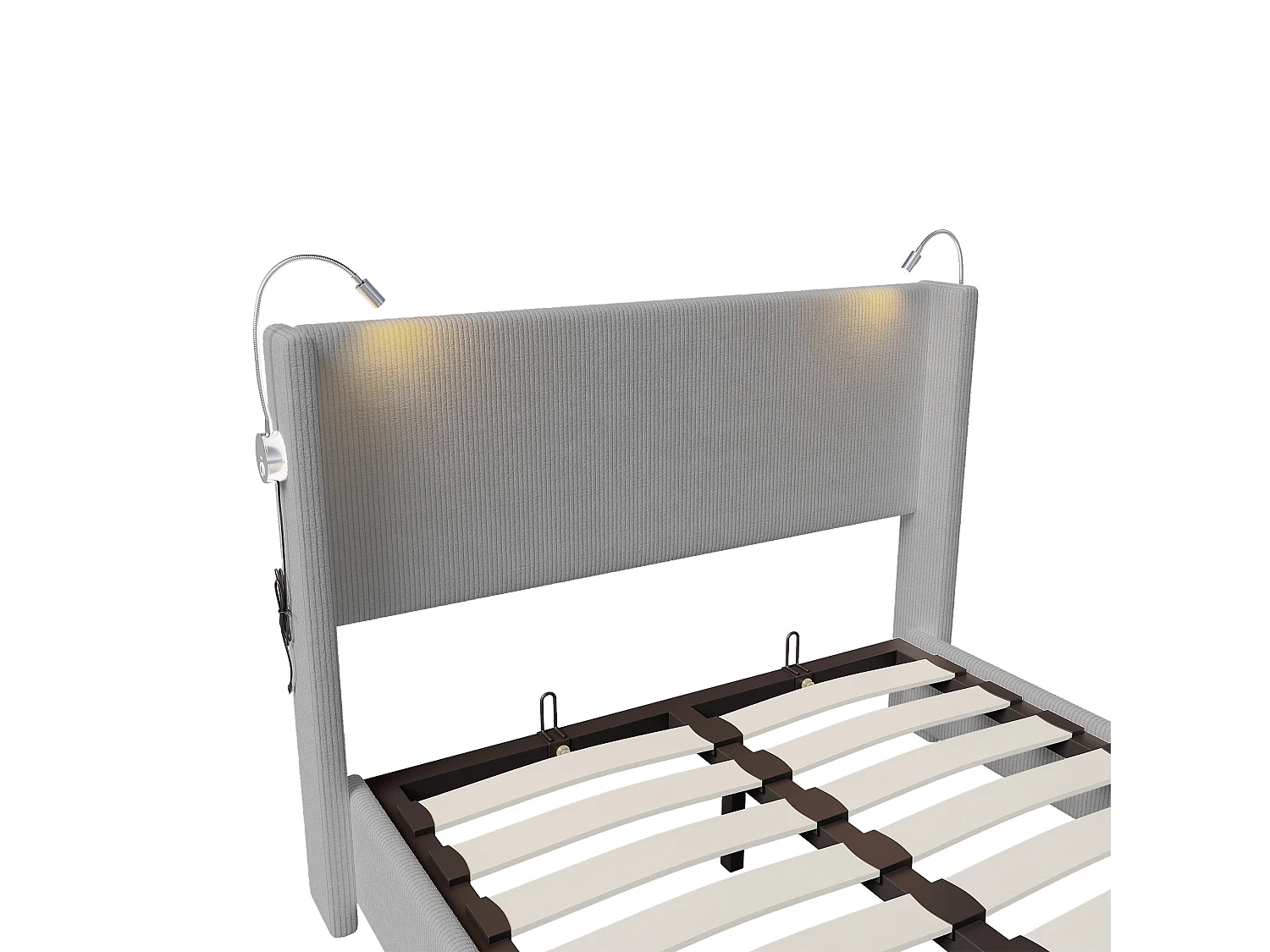 Cama de almacenamiento con presión de aire de 140 x 200 cm y luz de lectura, pana, gris