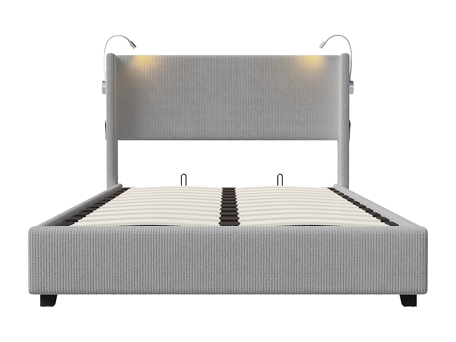 Cama de almacenamiento con presión de aire de 140 x 200 cm y luz de lectura, pana, gris