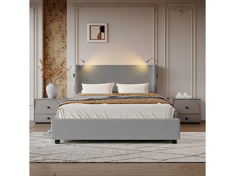 Lit coffre 140*200cm à pression d'air avec liseuse, velours côtelé, gris