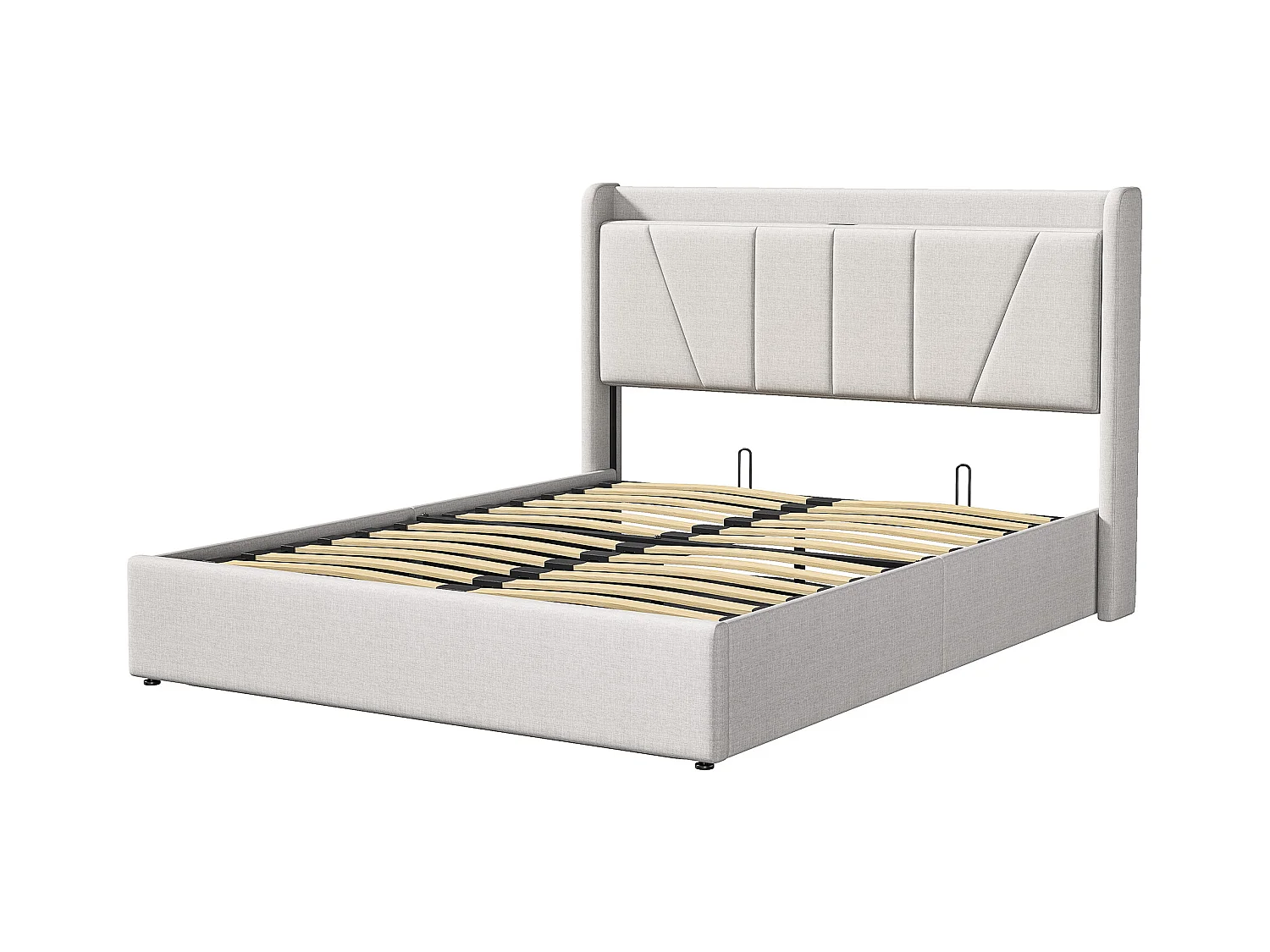 Cama con almacenaje de 160 x 200 cm con 2 puertos USB, 1 puerto tipo C y palanca neumática, color beige y lino.