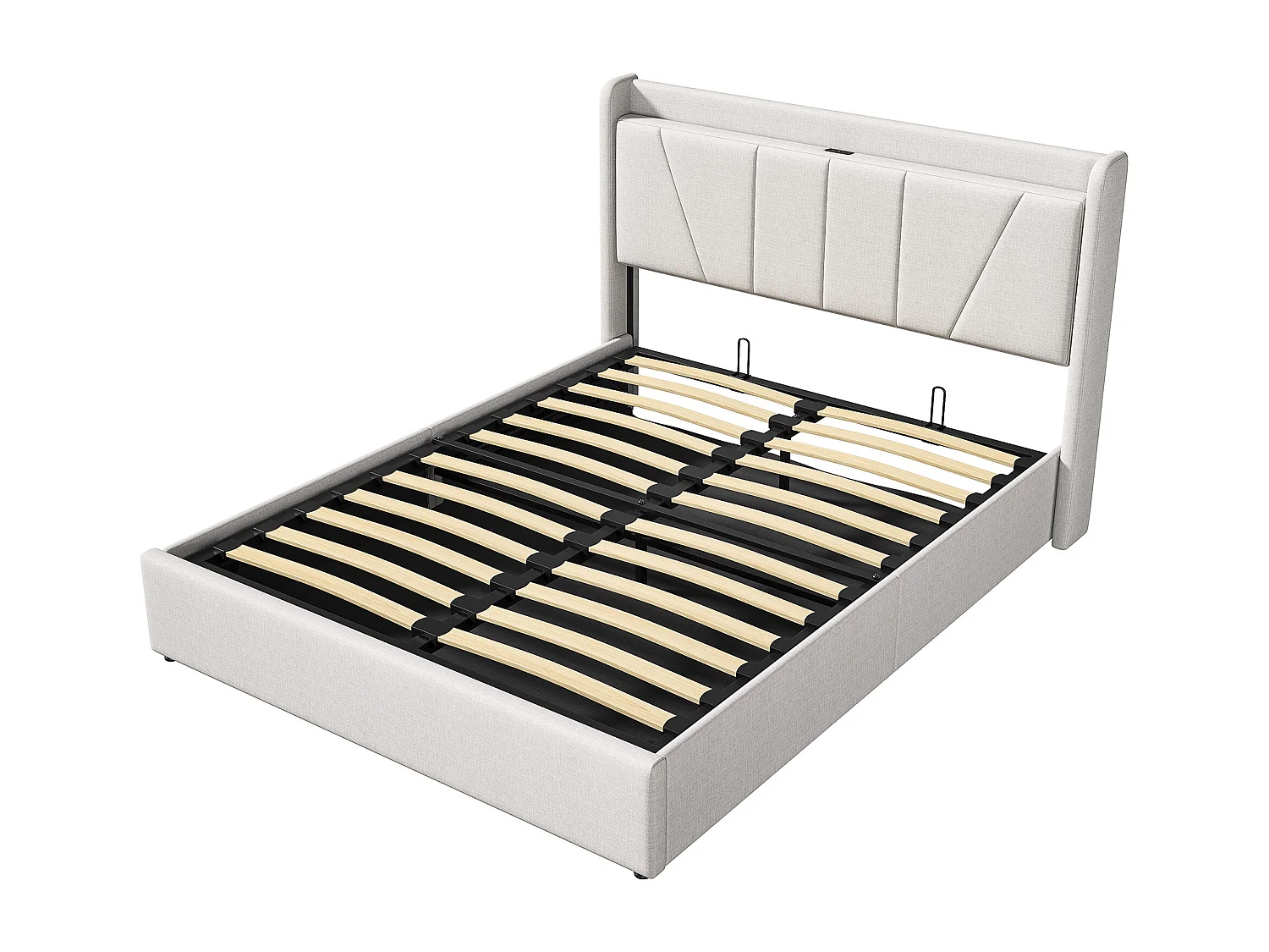 Cama con almacenaje de 160 x 200 cm con 2 puertos USB, 1 puerto tipo C y palanca neumática, color beige y lino.