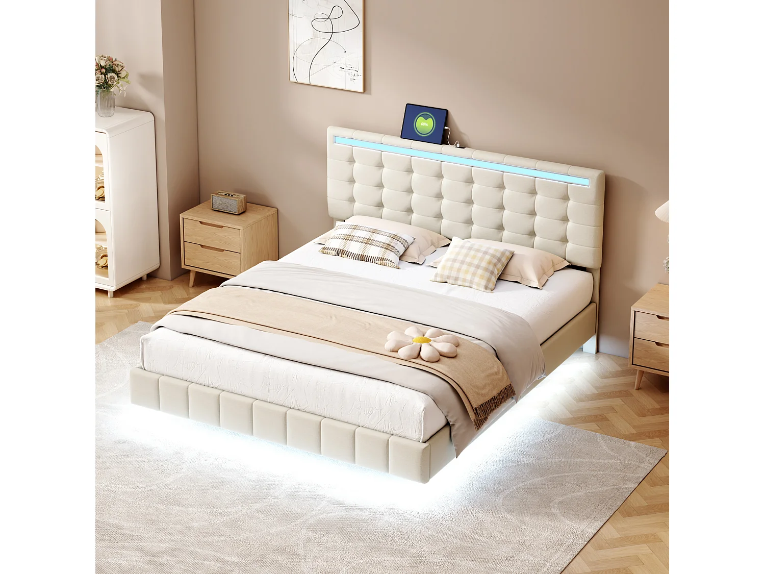 Cama estofada de 140 x 200 cm, com luzes LED e estrutura flutuante estofada, bege, linho.
