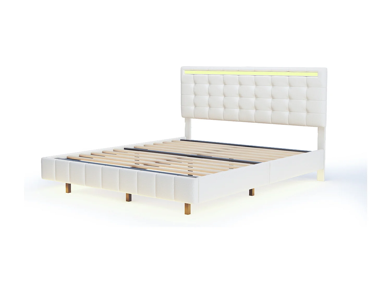 Cama estofada de 140 x 200 cm, com luzes LED e estrutura flutuante estofada, bege, linho.