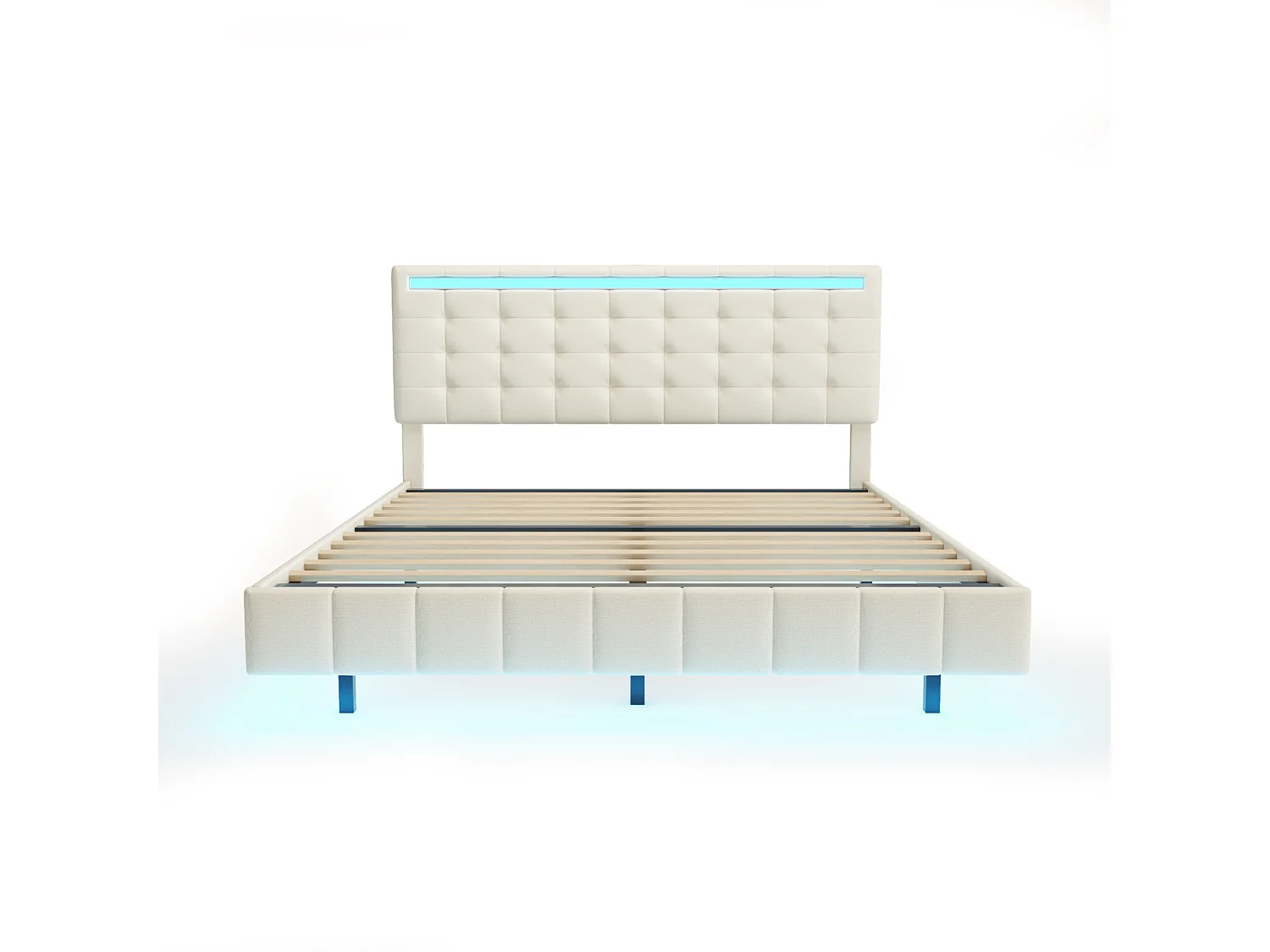 Cama estofada de 140 x 200 cm, com luzes LED e estrutura flutuante estofada, bege, linho.