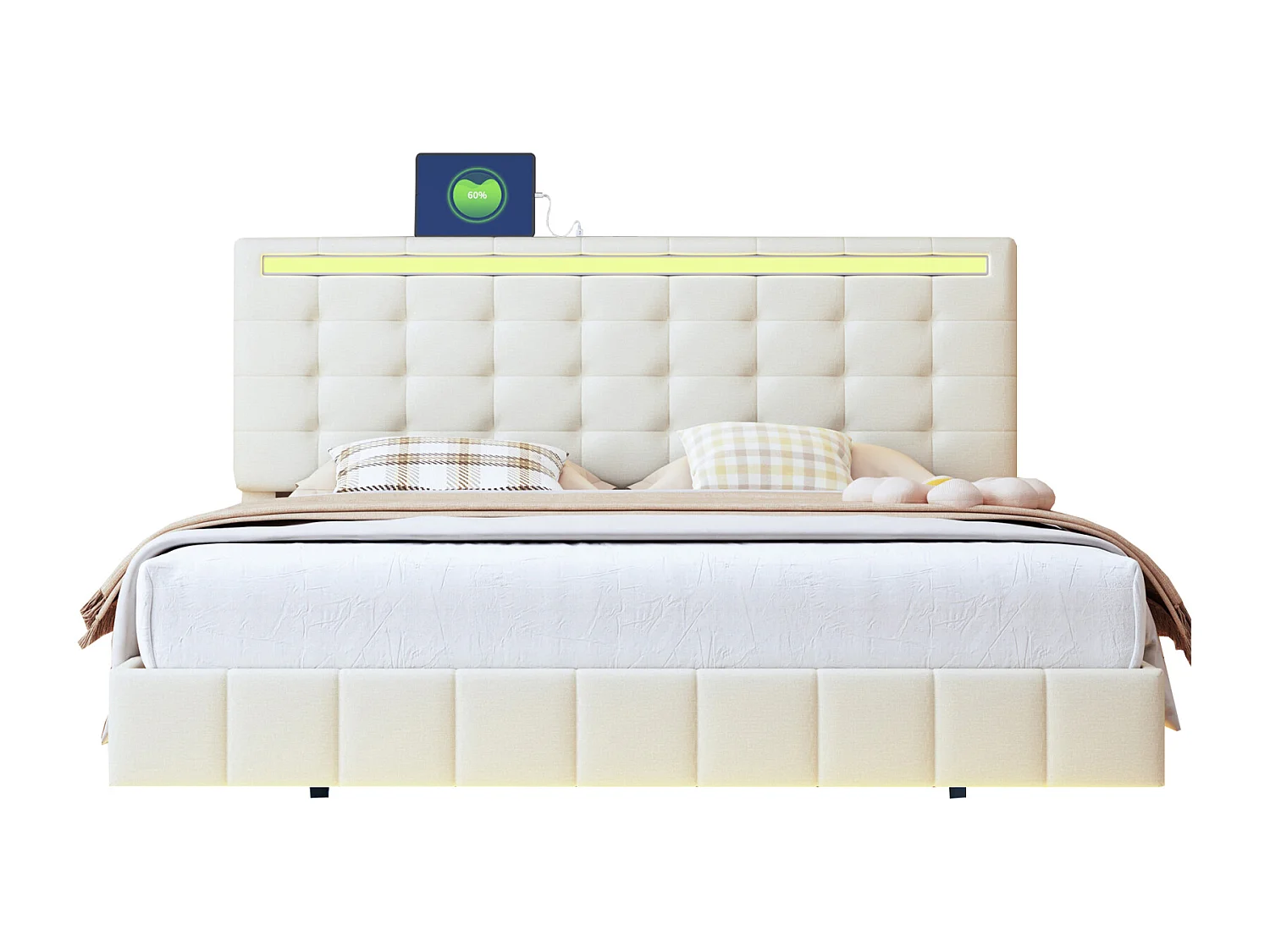 Cama estofada de 140 x 200 cm, com luzes LED e estrutura flutuante estofada, bege, linho.