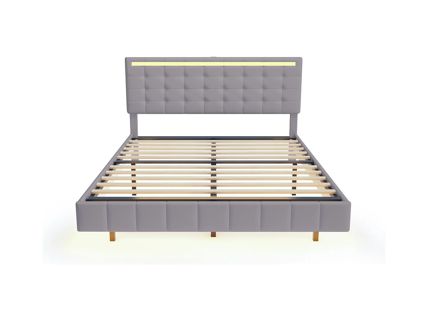 Polsterbett 140 x 200 cm, mit LED-Leuchten und gepolstertem Schweberahmen, Gris, Leinen