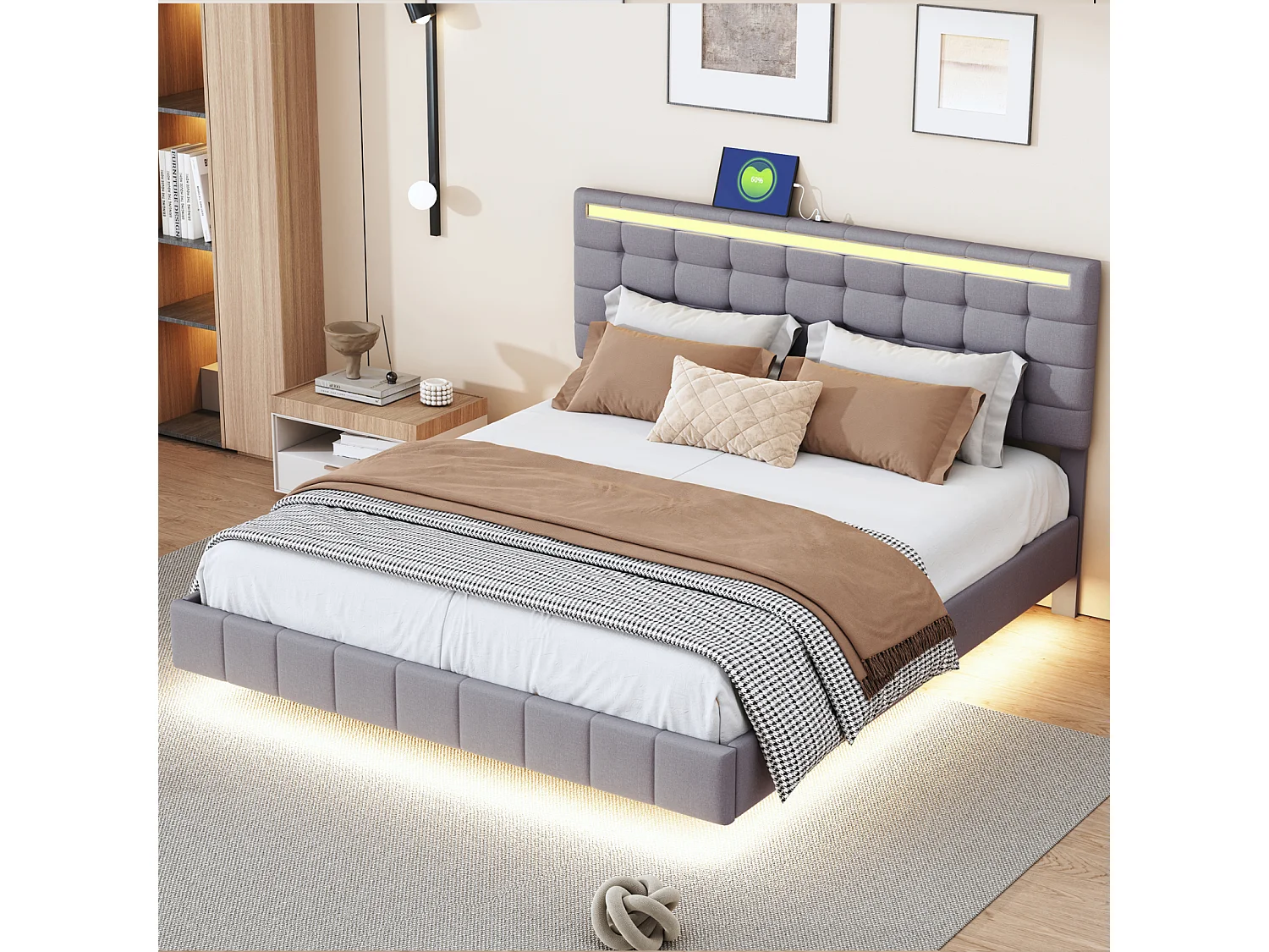 Cama estofada de 140 x 200 cm, com luzes LED e estrutura flutuante estofada, Cinza, Linho.