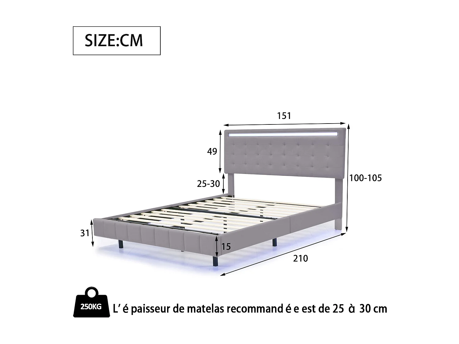 Cama estofada de 140 x 200 cm, com luzes LED e estrutura flutuante estofada, Cinza, Linho.