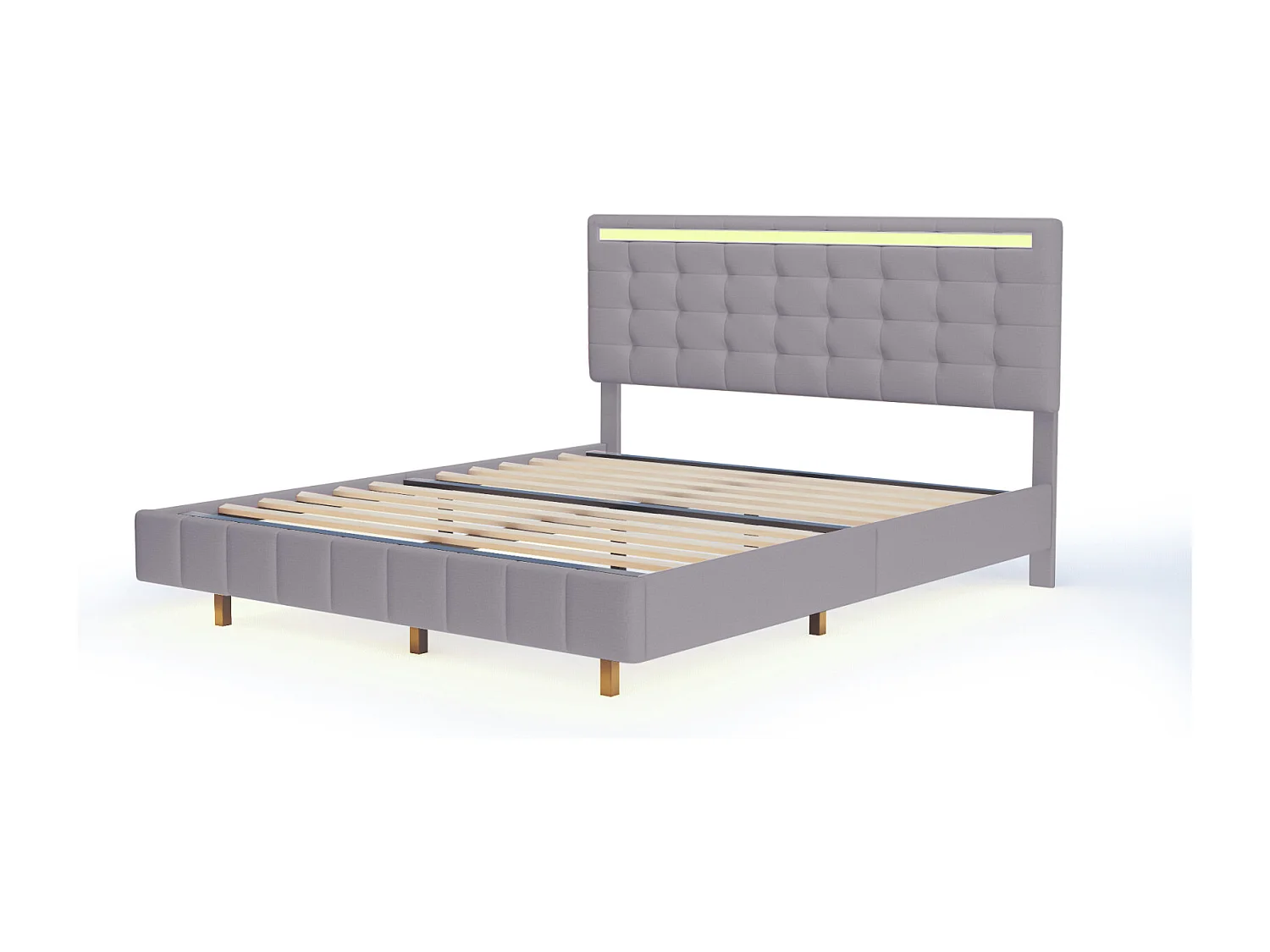 Cama estofada de 140 x 200 cm, com luzes LED e estrutura flutuante estofada, Cinza, Linho.