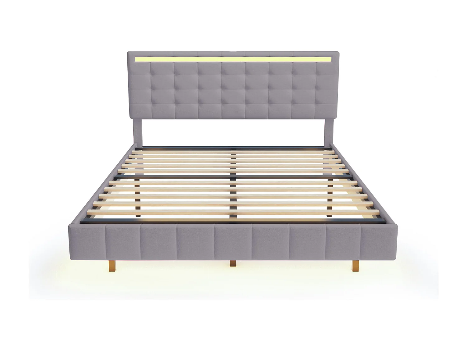 Cama estofada de 140 x 200 cm, com luzes LED e estrutura flutuante estofada, Cinza, Linho.