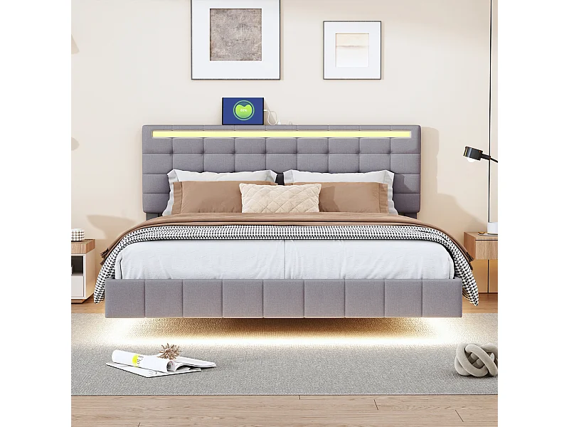Gestoffeerd bed 140 x 200 cm, met ledverlichting en gestoffeerd zwevend frame, grijs, linnen