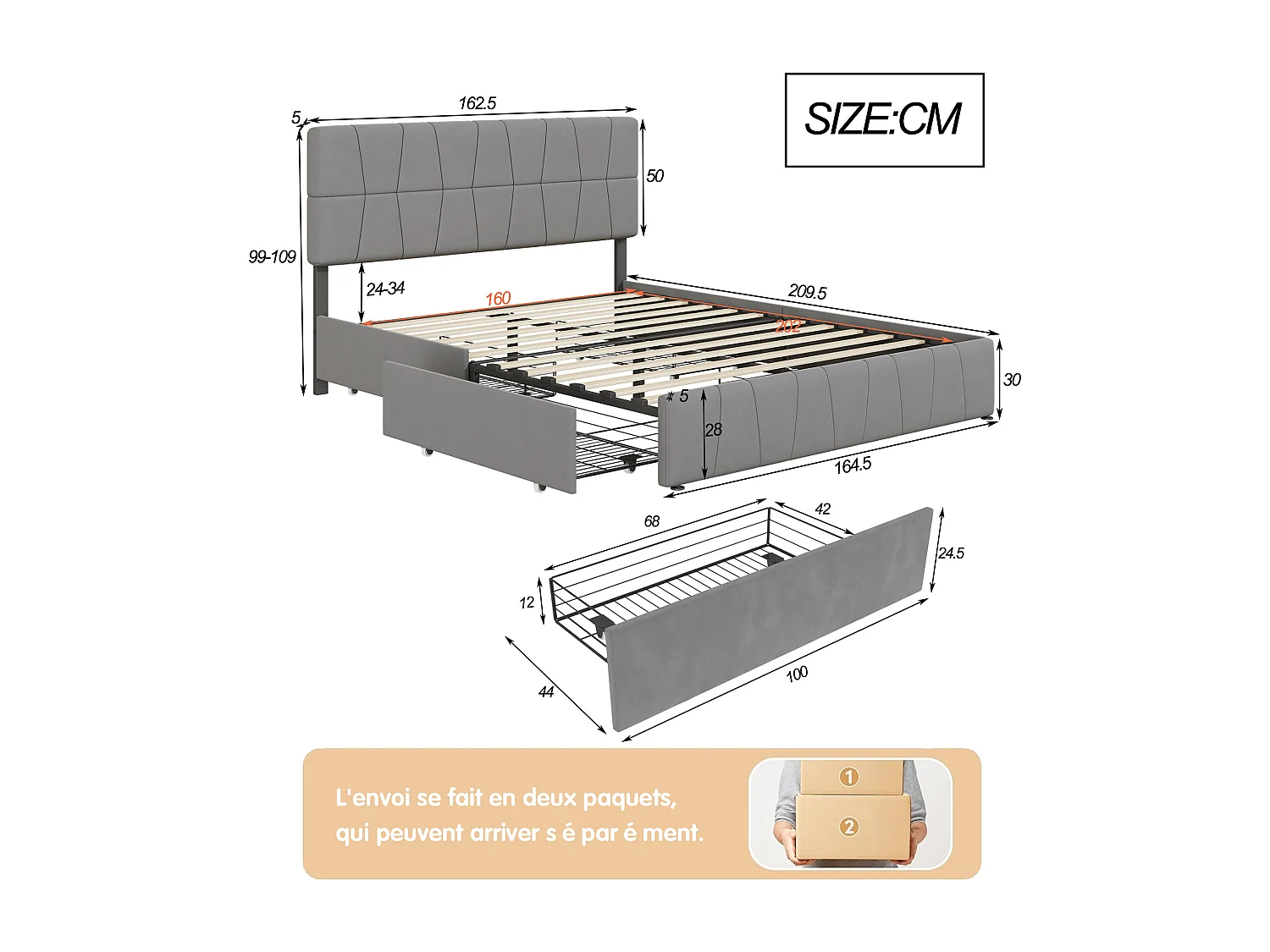 Tweepersoonsbed 160*200cm met 4 ijzeren lades, fluwelen stof, grijs
