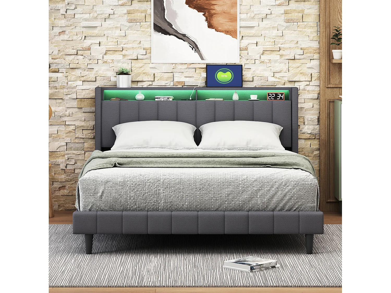 Cama de casal com carregador USB e iluminação LED 140*200CM, cinza, linho