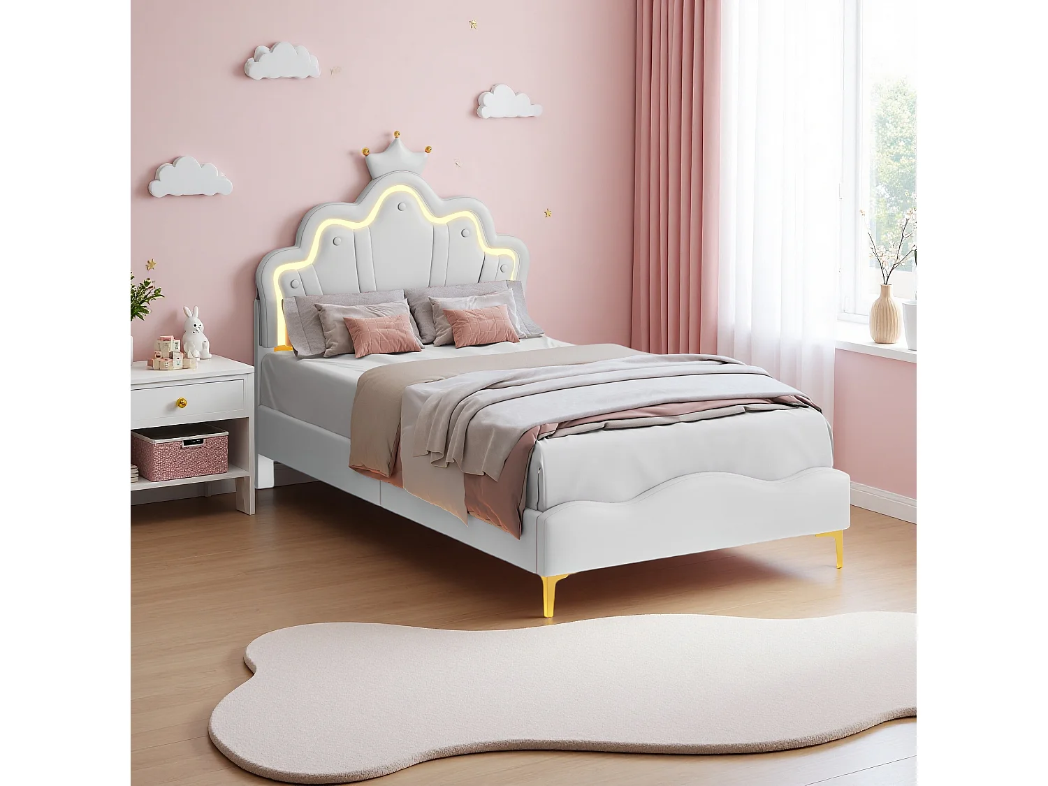 Lit Enfant 90x200cm, Lit pour Enfant rembourré avec lumière LED réglable, pour Fille Adolescente avec tête de Fleur et sommier à Lattes, sans Matela, Blanc